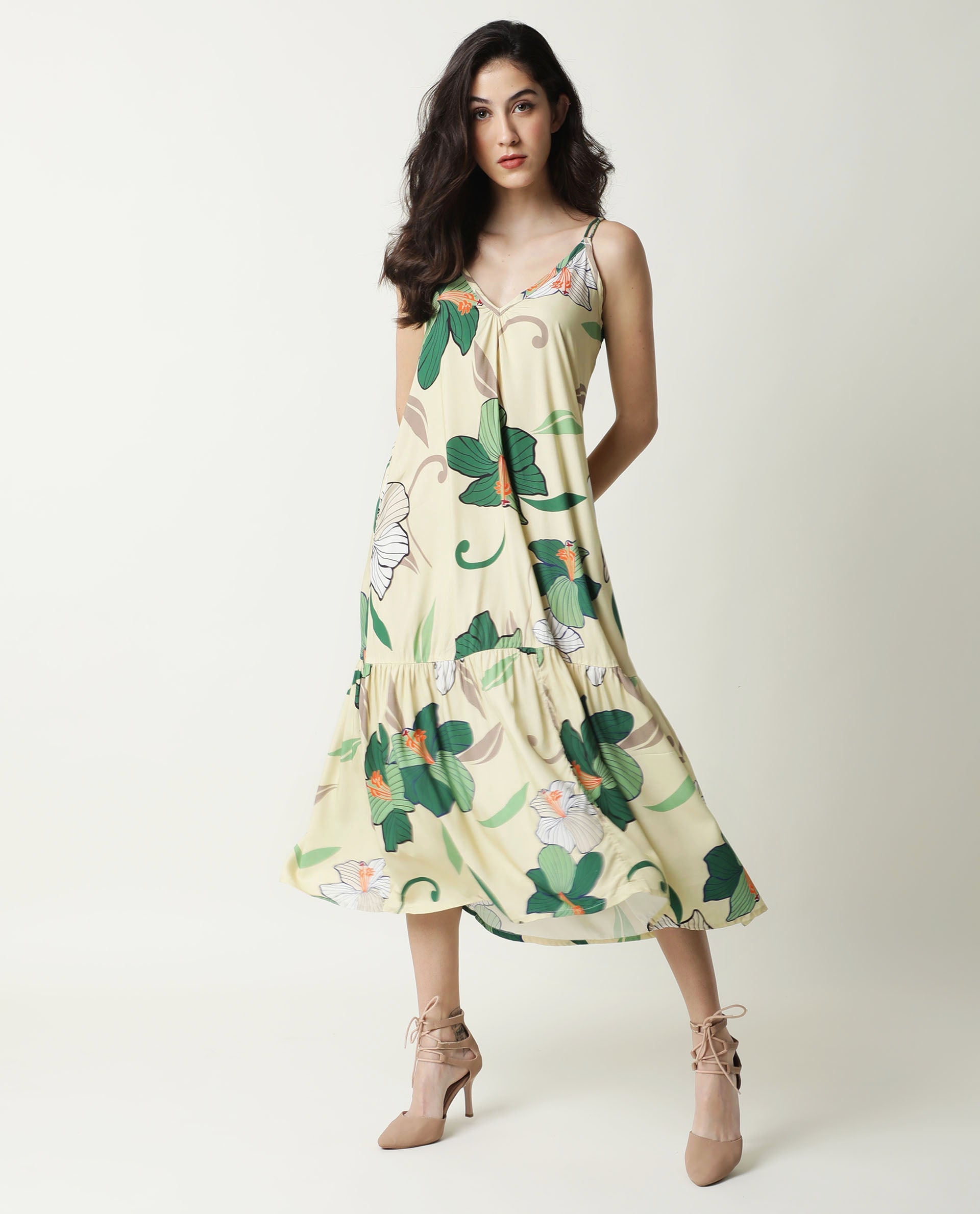 Rareism Women's Etana Offwhite Viscose V-Neck Floral Print Shoulder Strap Knee Length Regular Fit Dress