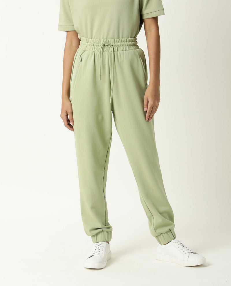 Rareism Women Creta Light Green Cotton Blend Fabric Relaxed Fit Solid Mid Rise Ankle Length Track Pant