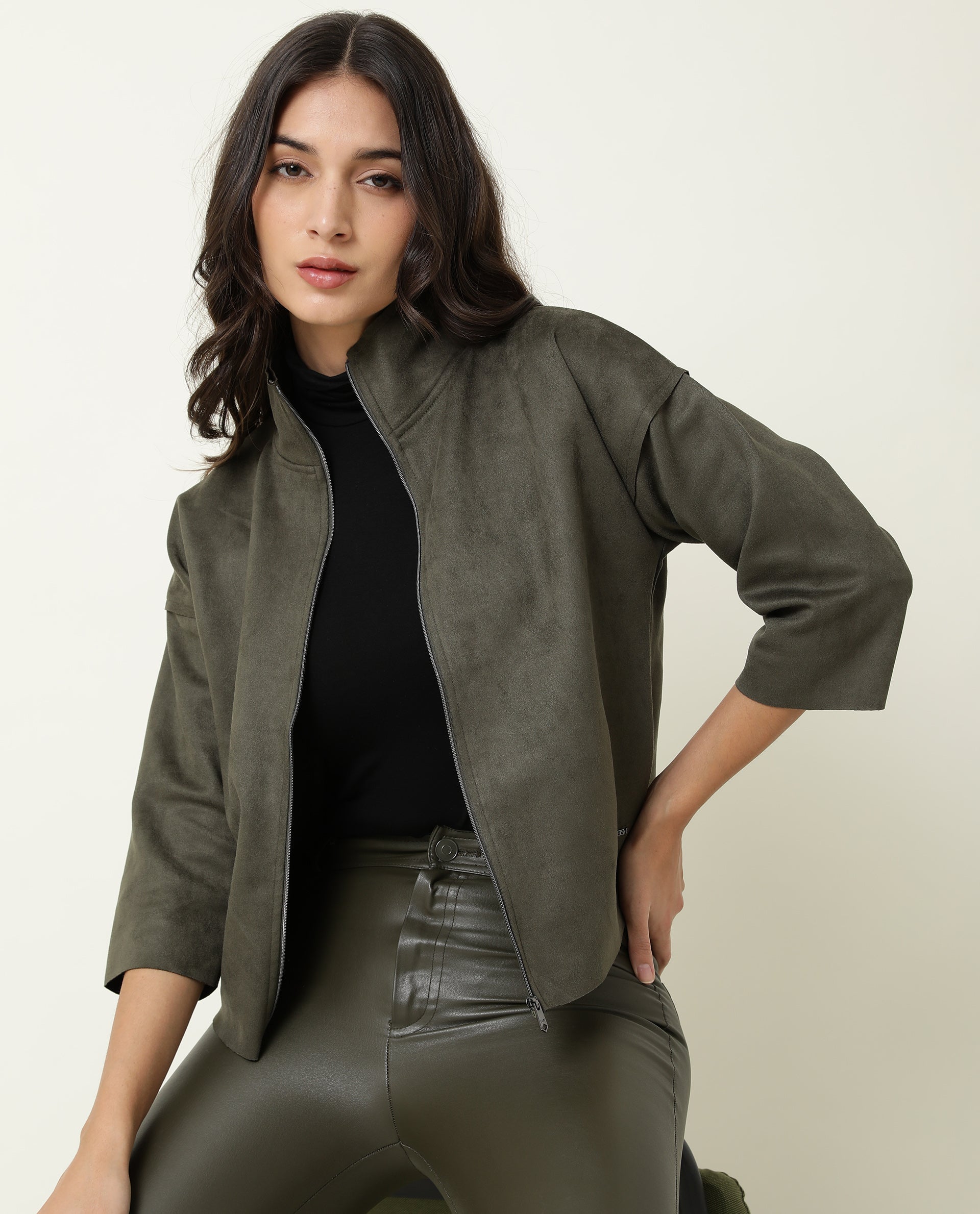 Rareism Women Vasu Olive Polyester Fabric 3/4Th Sleeves Solid High Neck Jacket
