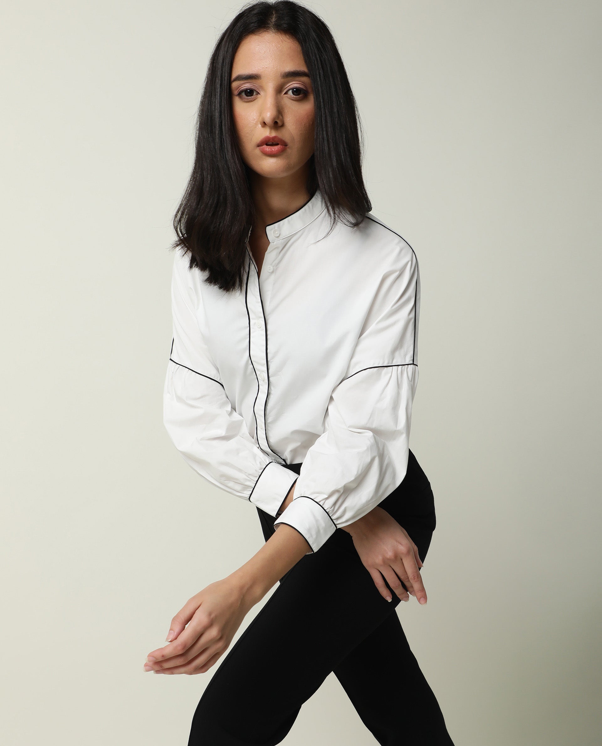 Rareism Womens Baki White Top Cotton Fabric Regular Fit Cuffed Sleeve Collared Neck