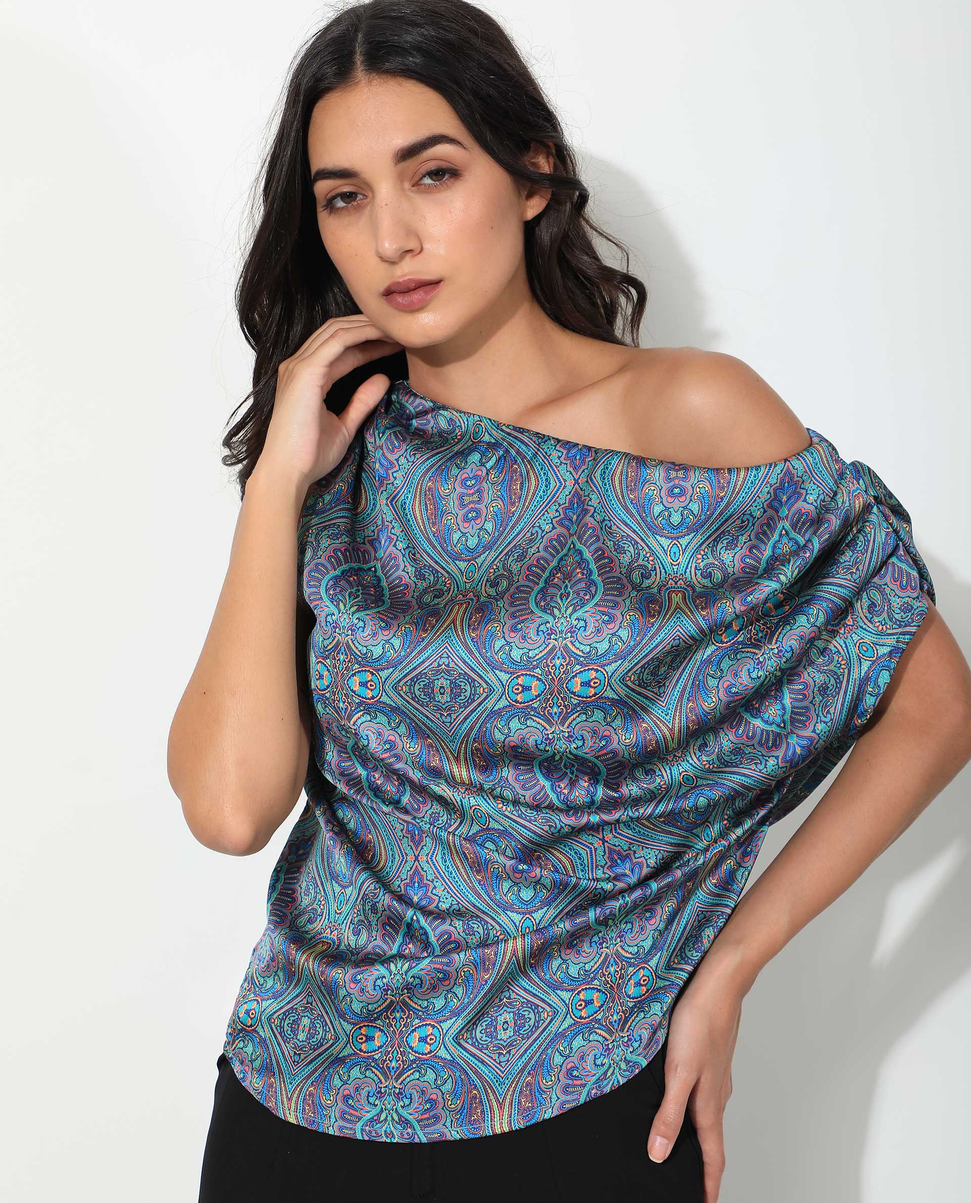 Rareism Women Sydney Blue Polyester Fabric Regular Fit Tube Neck Off Shoulder Abstract Print Top