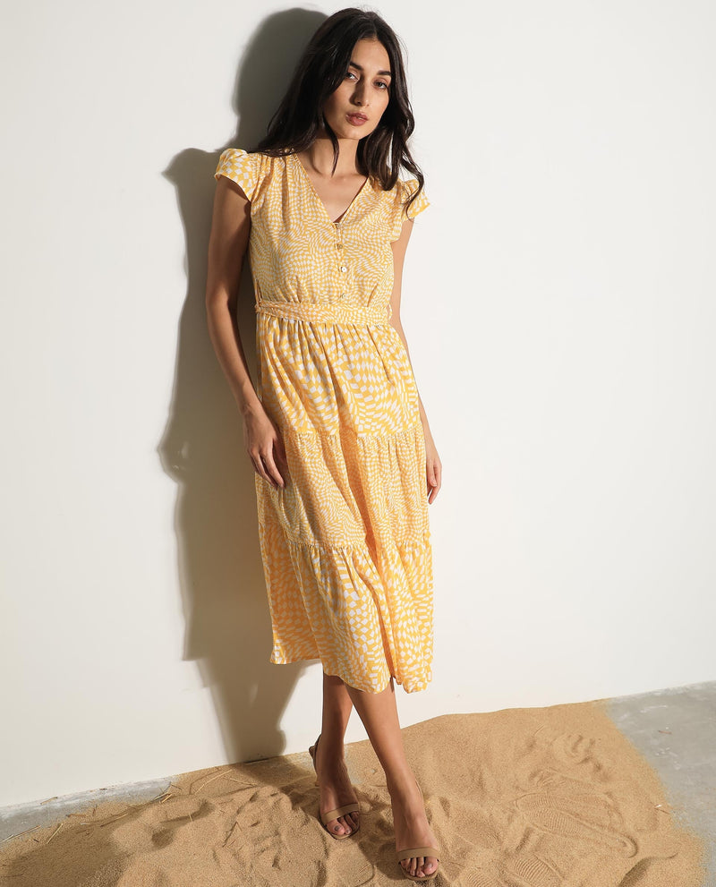 Rareism Women Whitney Yellow Cotton Fabric Short Sleeves Button Closure V-Neck Cap Sleeve Regular Fit Geometric Print Knee Length Tiered Dress