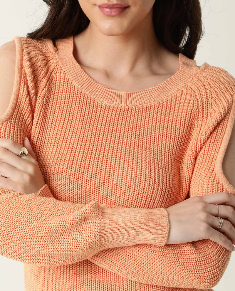 Rareism Women Cold Orange Cotton Fabric Full Sleeves Slim Fit Solid Boat Neck Sweater