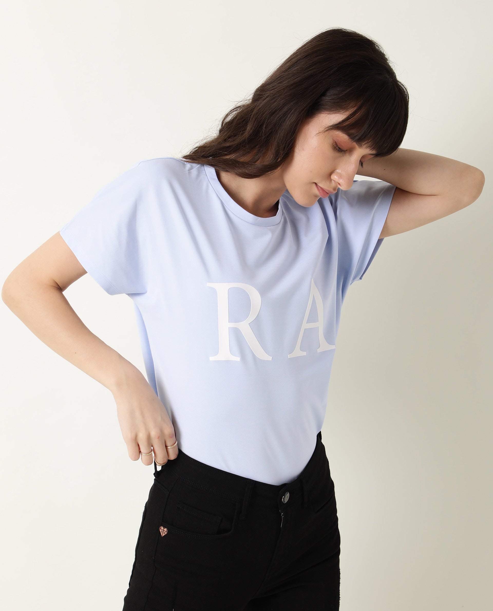 Rareism Women Hush Blue Poly Cotton Fabric Regular Fit Half Sleeves Graphic Print Crew Neck T-Shirt