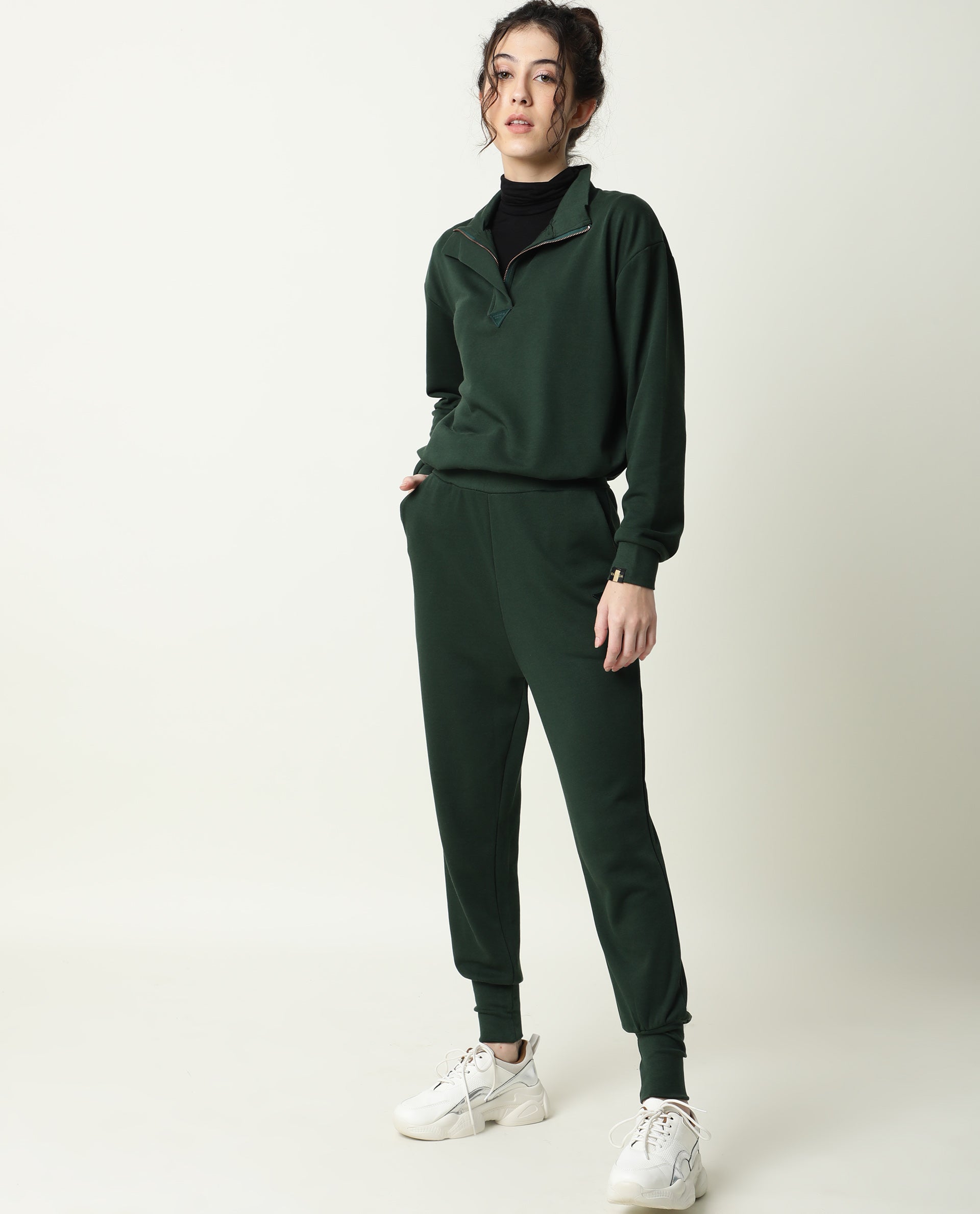 Rareism Women Taffy-1 Green  Relaxed Fit Full Sleeves Solid High Neck Sweatshirt