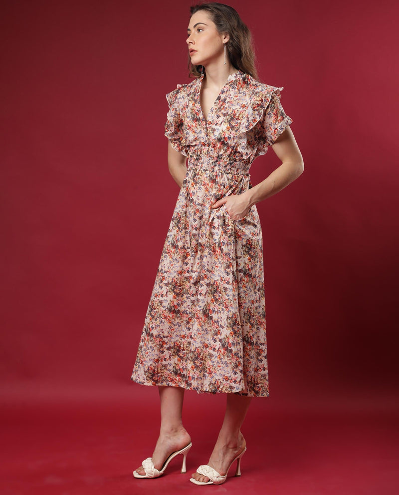 Rareism Women Fisht Off White Floral Print Band Collar Ruffled Short Sleeves Smocked Waist Belt And Pockets Midi Dress