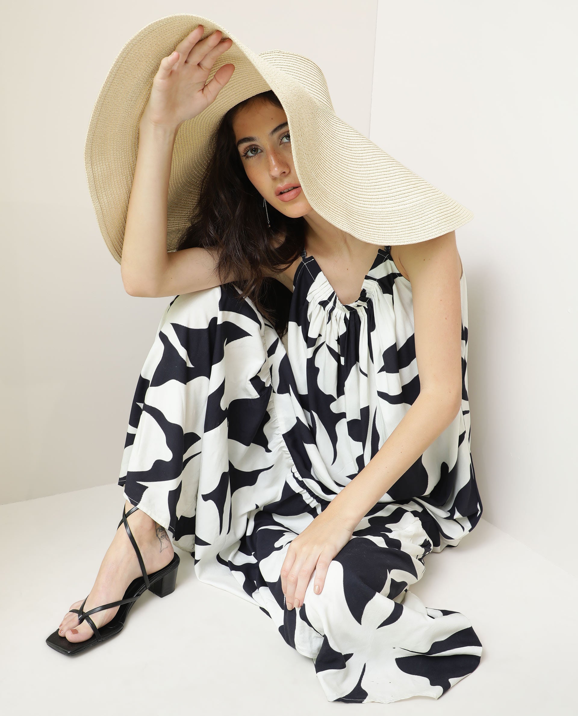 Rareism Women Zahara Black Viscose Fabric Sleeveless Shoulder Straps Regular Fit Floral Print Knee Length Tiered Dress