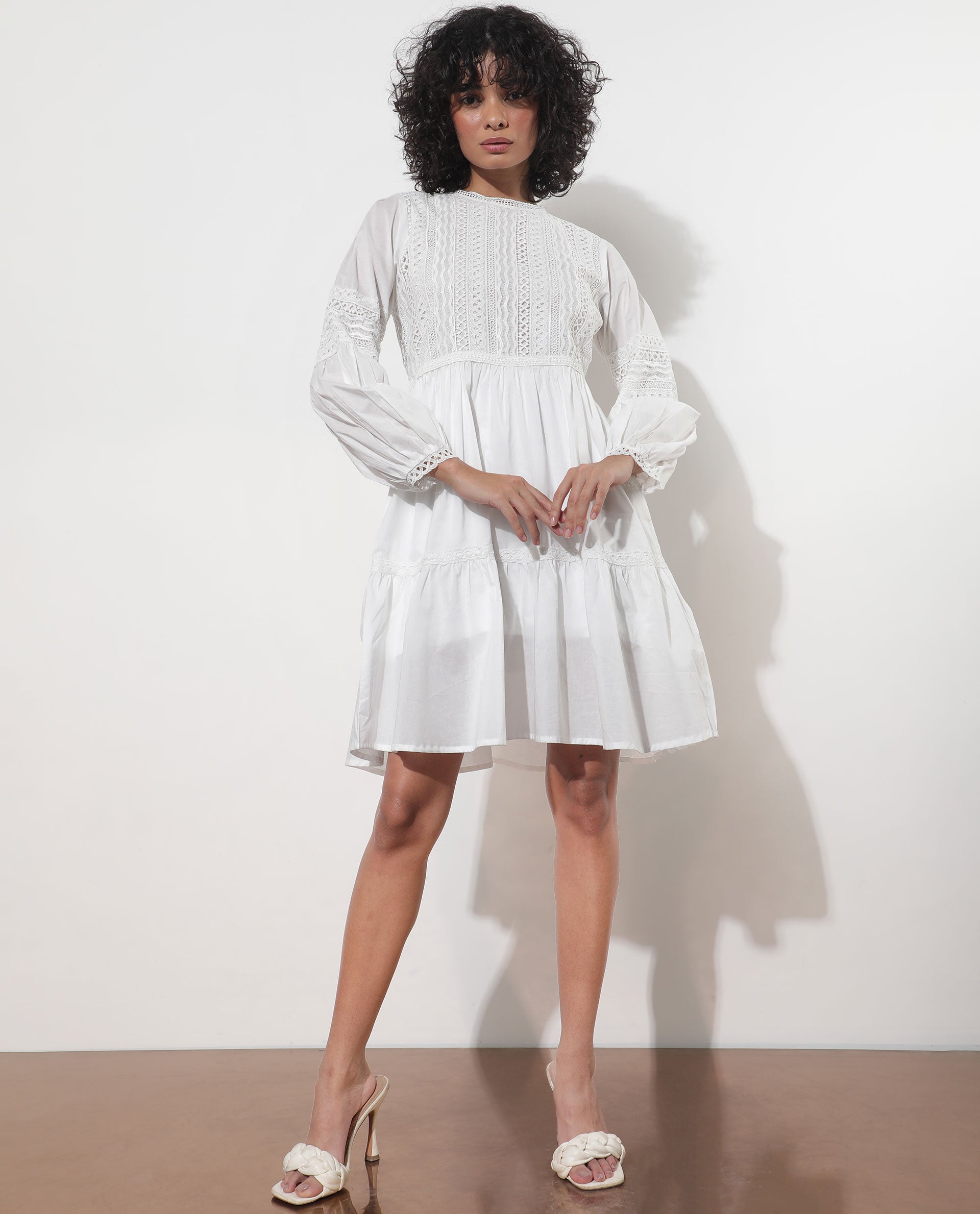 Rareism Women Darmini White Cotton Fabric Full Sleeves Round Neck Puff Sleeve Relaxed Fit Plain Knee Length Empire Dress