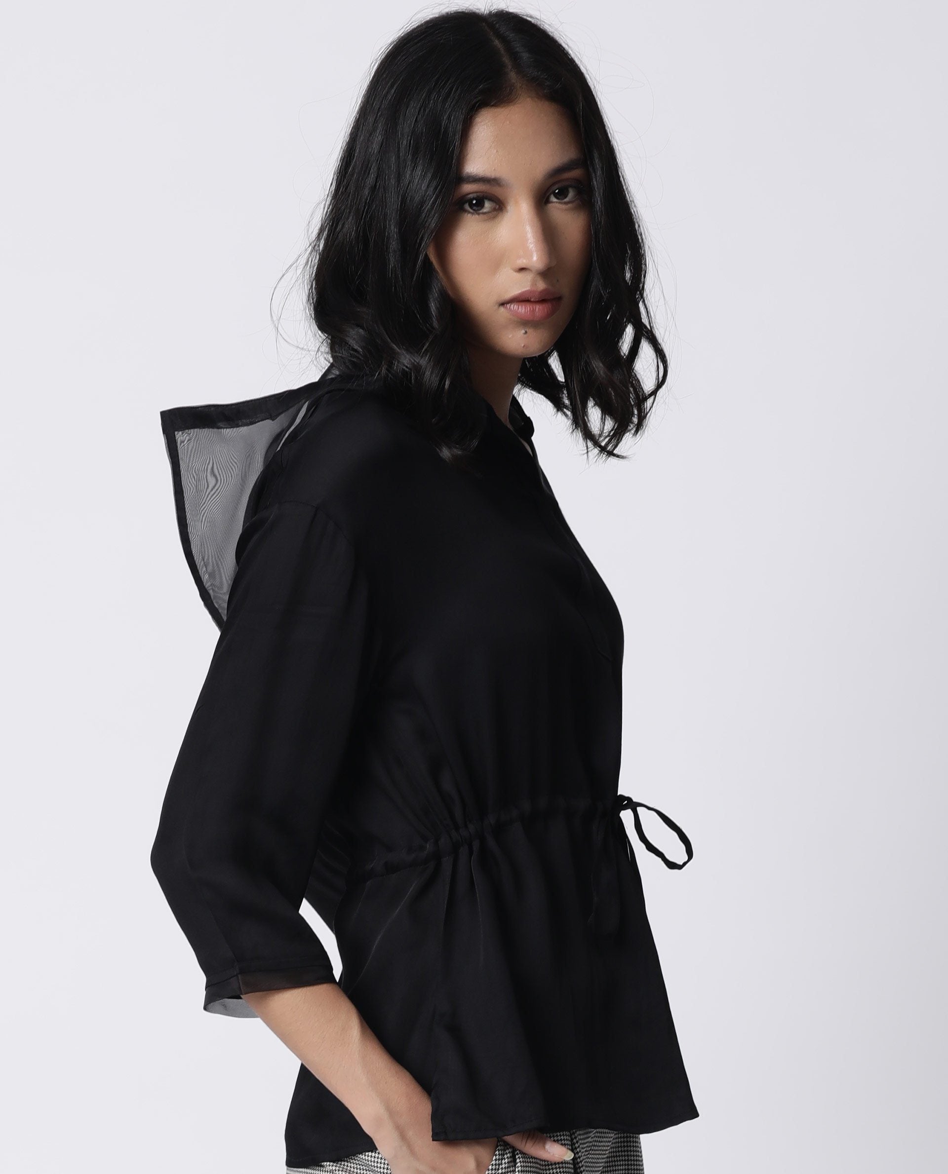 Rareism Women Yoda Black Top Full Sleeves Hoodie Solid