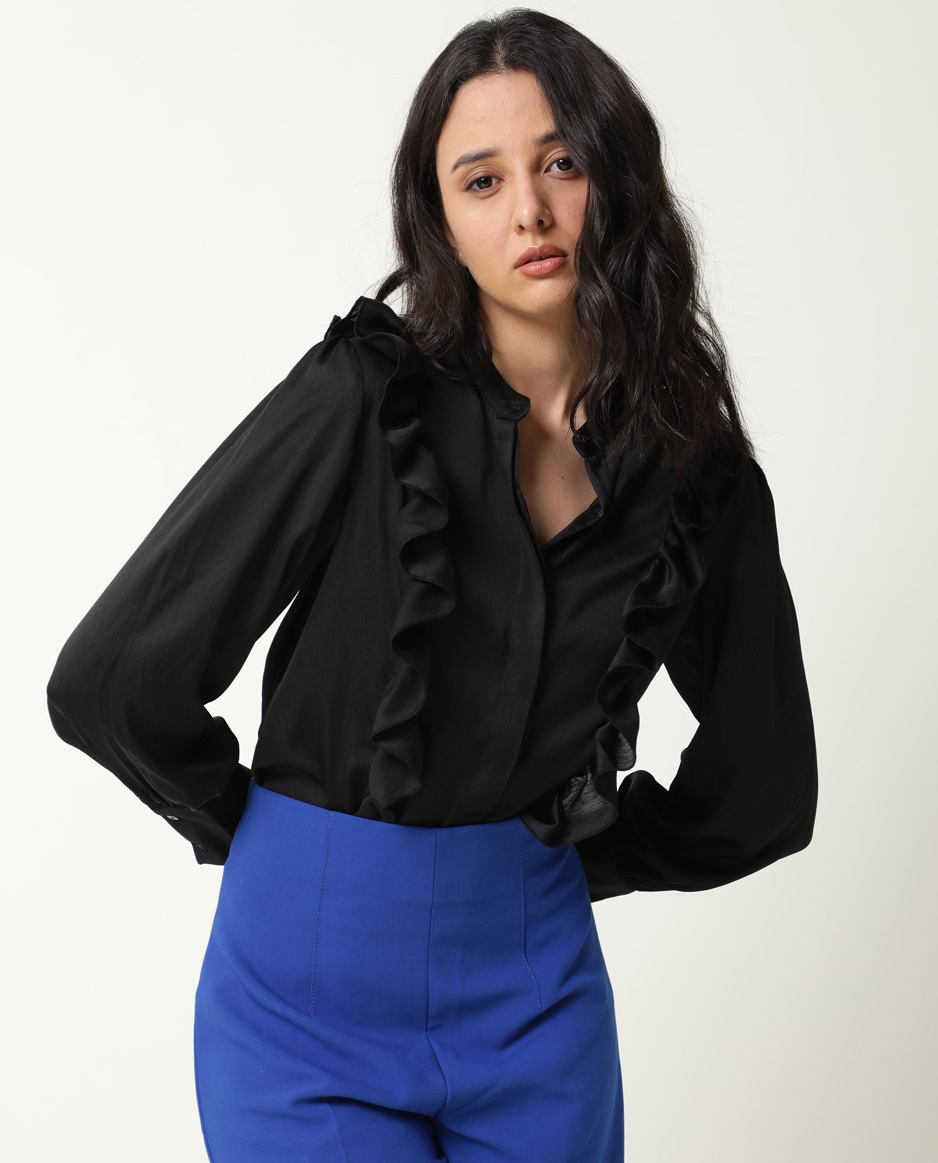 Rareism Womens Chamomile Black Top Polyester Fabric  Fit Regular Sleeves Mandarin Neck