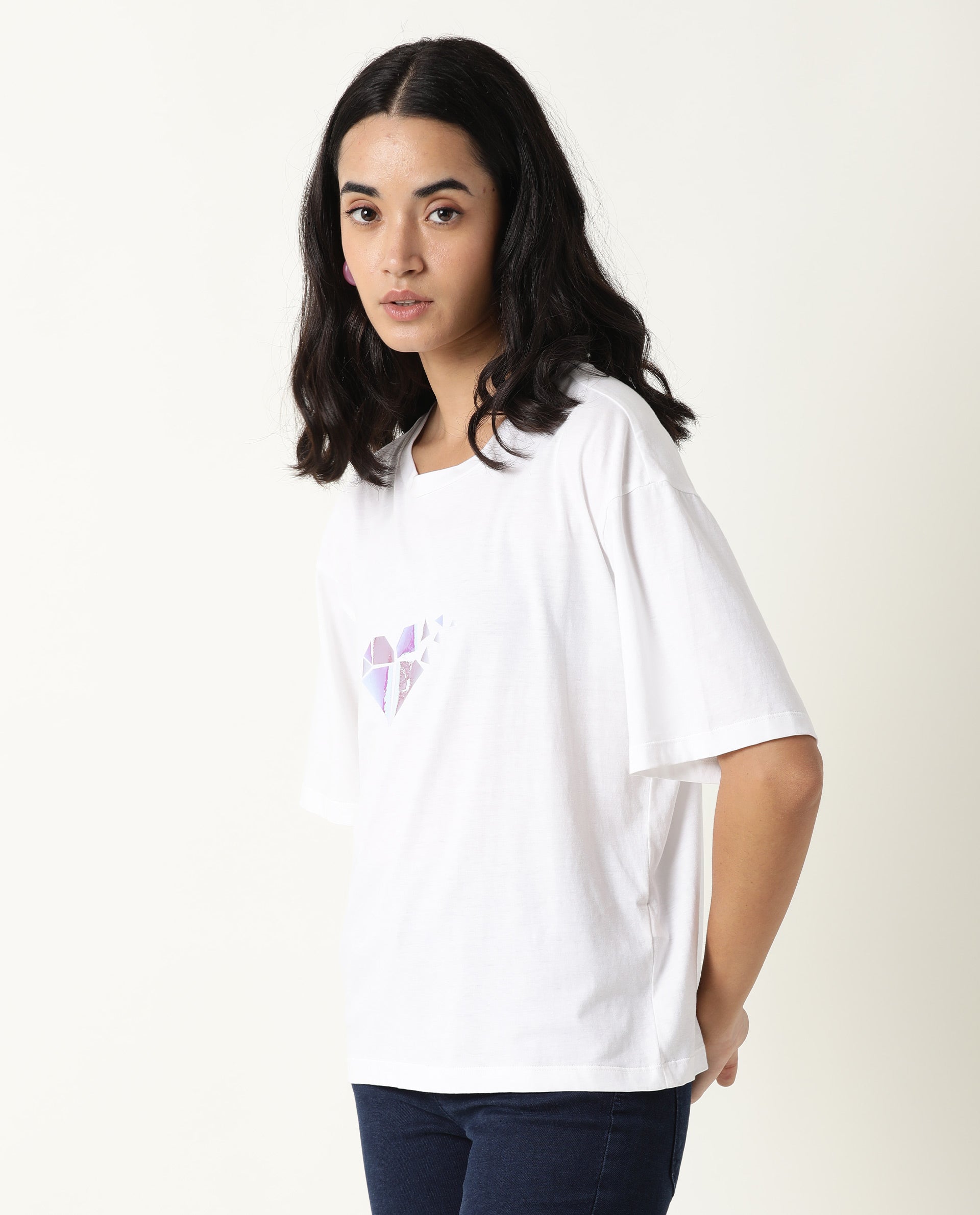 Rareism Womens Nat White T-Shirt Cotton Fabric Regular Fit Half Sleeve Round Neck