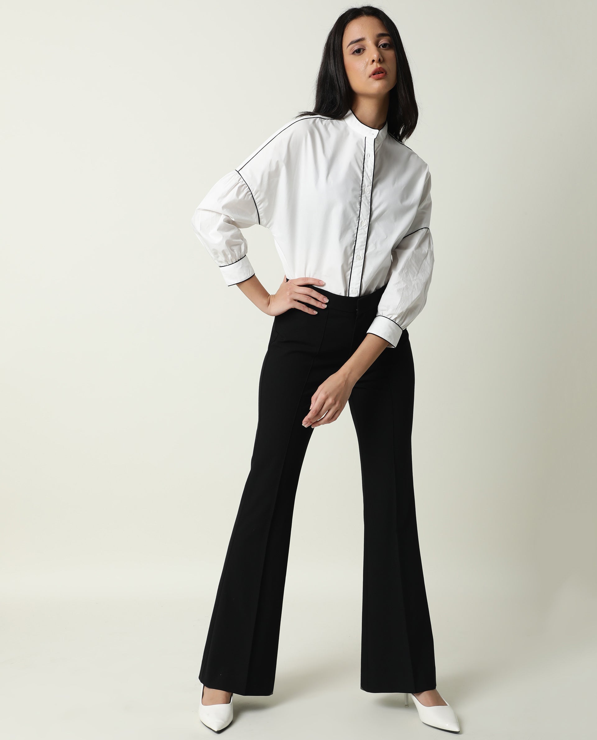 Rareism Womens Baki White Top Cotton Fabric Regular Fit Cuffed Sleeve Collared Neck