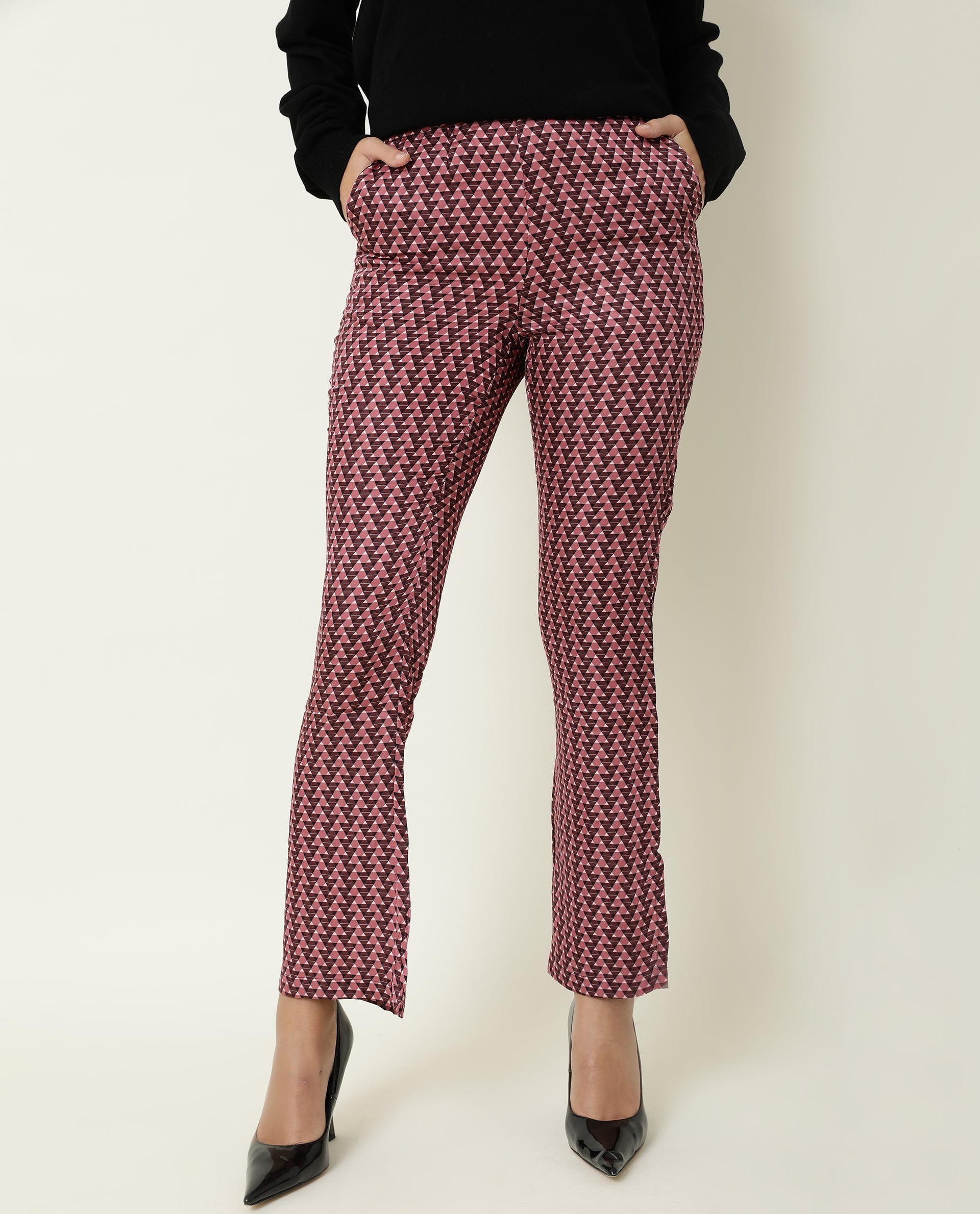 Rareism Women's Amilia Beige Viscose Geometric Print Ankle Length Bootcut Trouser