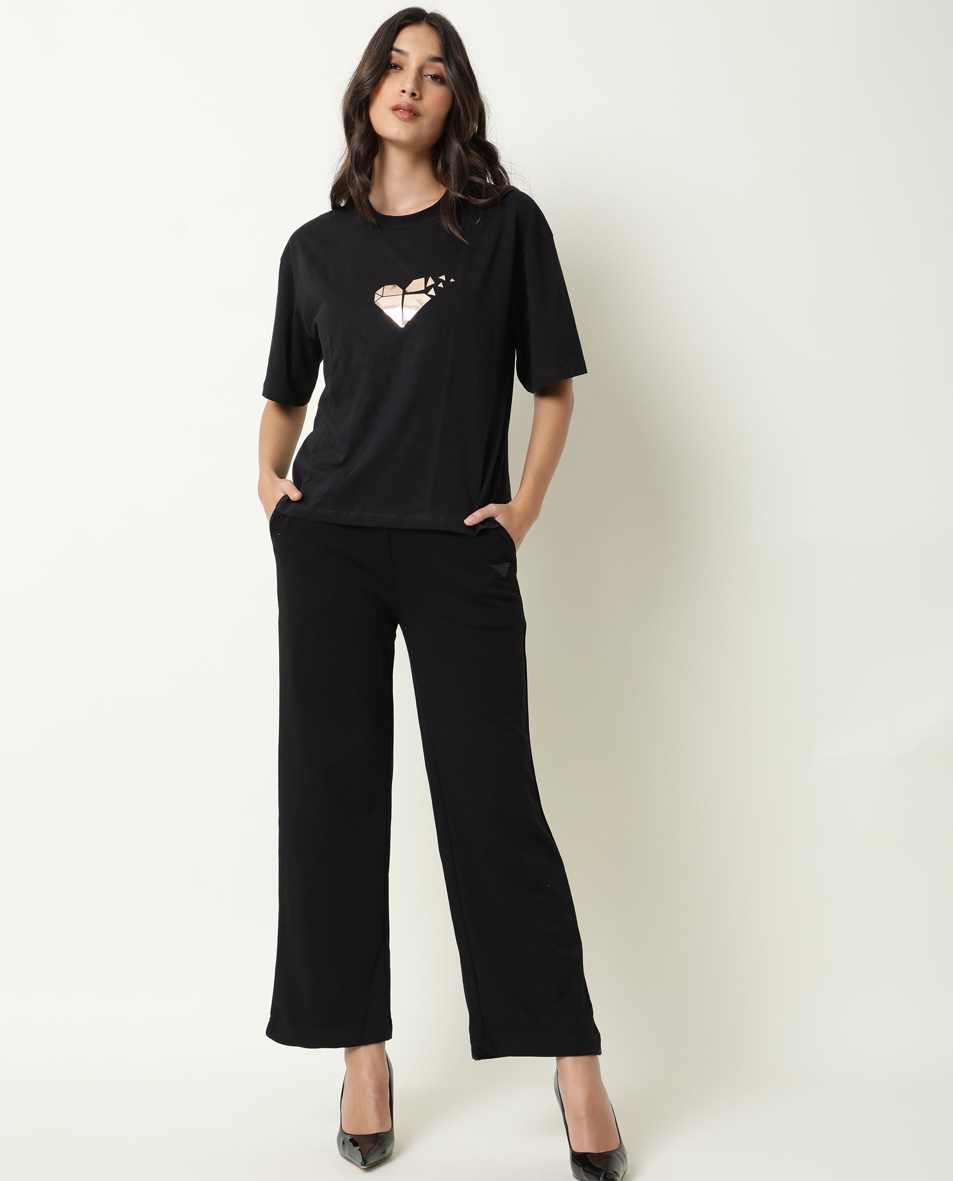 Rareism Womens Nat Black T-Shirt Cotton Fabric Regular Fit Half Sleeve Round Neck