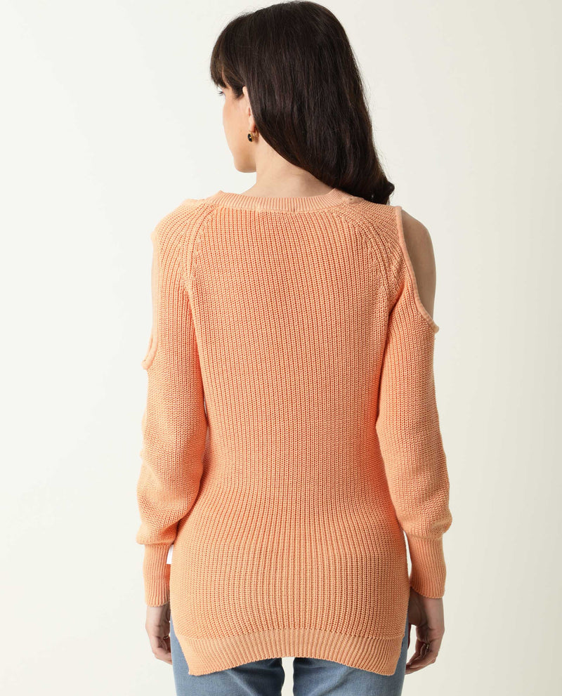 Rareism Women Cold Orange Cotton Fabric Full Sleeves Slim Fit Solid Boat Neck Sweater