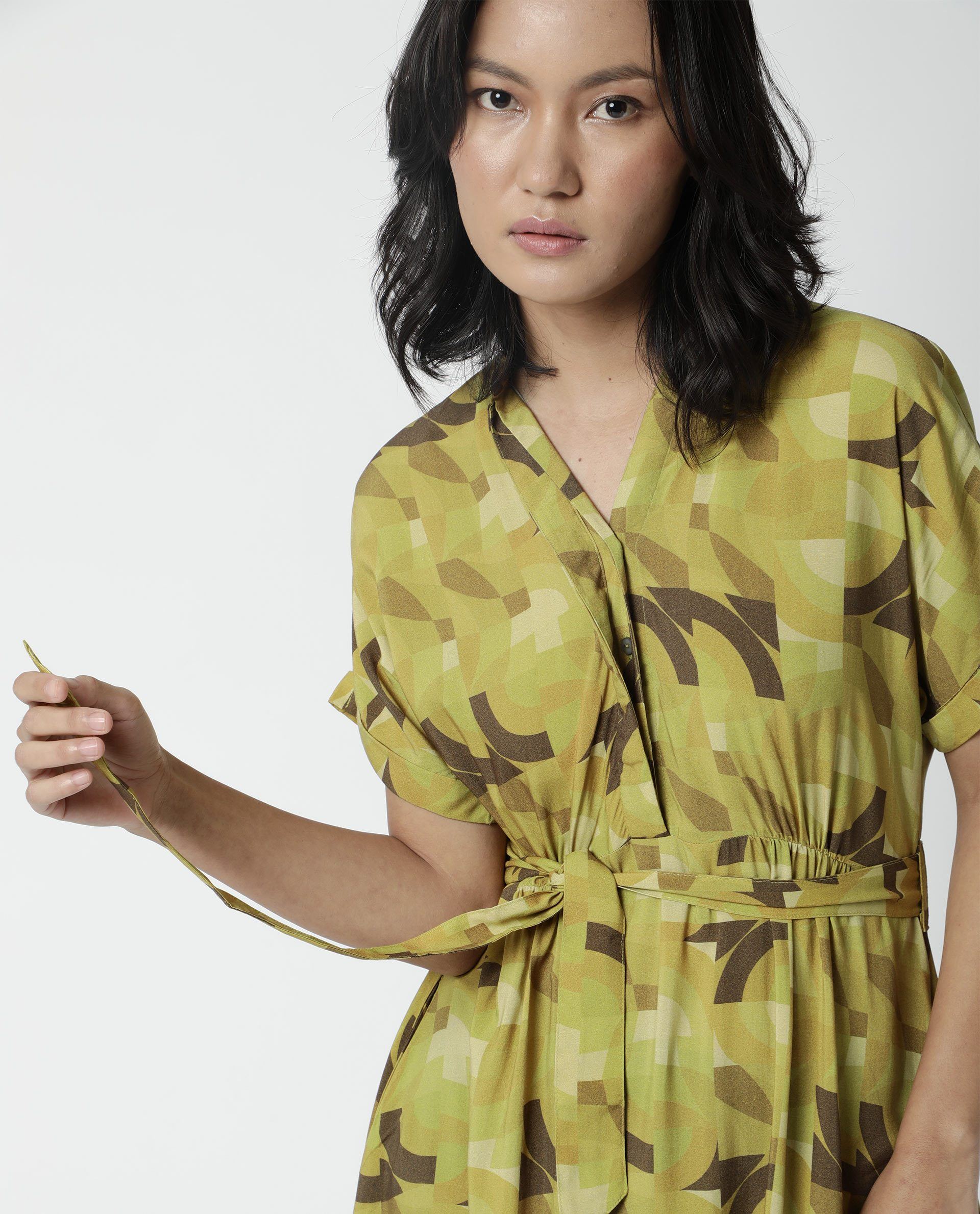 Rareism Womens Jordan Green Dress Cotton Silk Fabric Relaxed Fit Drop Shoulder Half Sleeve A Line Dress Long Length