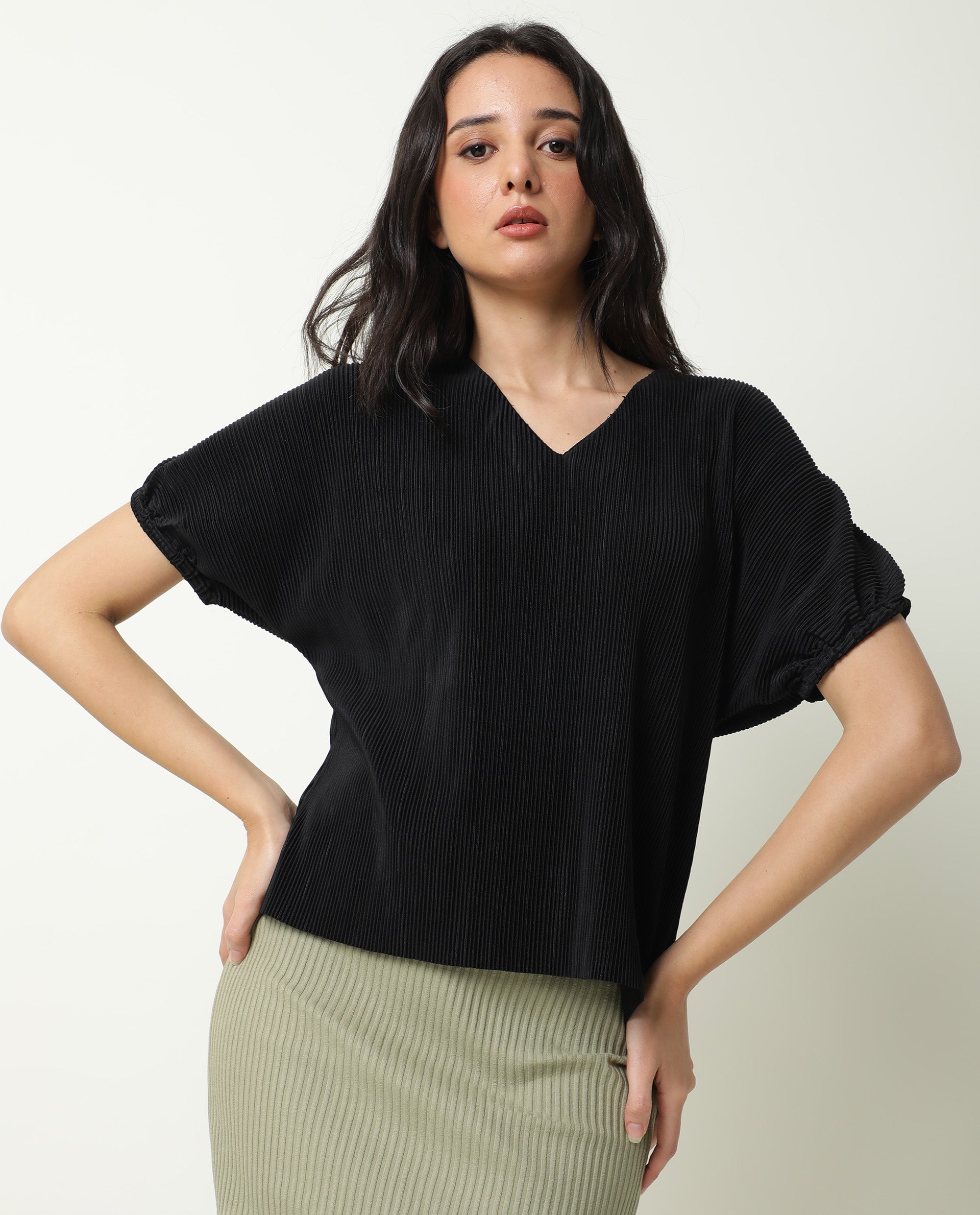 Rareism Womens Soho Black Top Polyester Fabric Regular Fit Extended Sleeves Round Neck