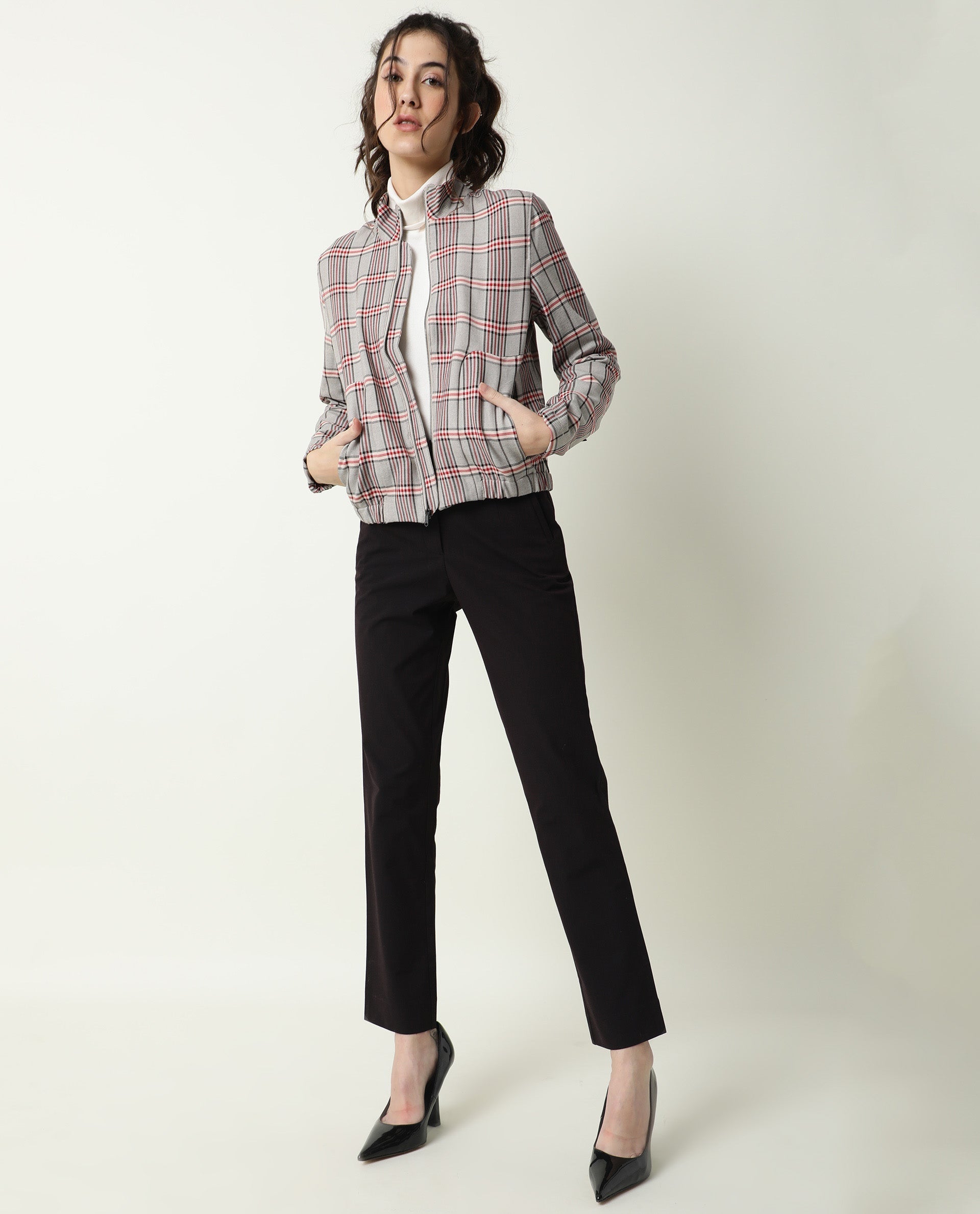 Rareism Women Homer Offwhite Jacket Full Sleeves Checks