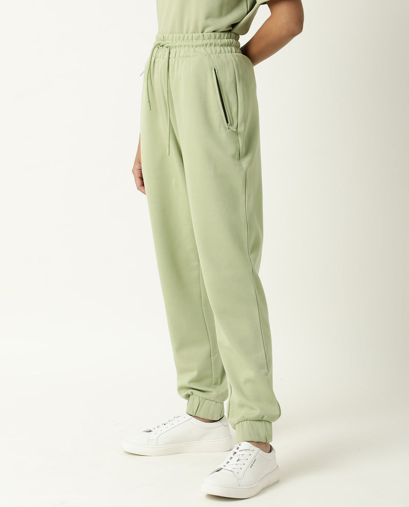 Rareism Women Creta Light Green Cotton Blend Fabric Relaxed Fit Solid Mid Rise Ankle Length Track Pant