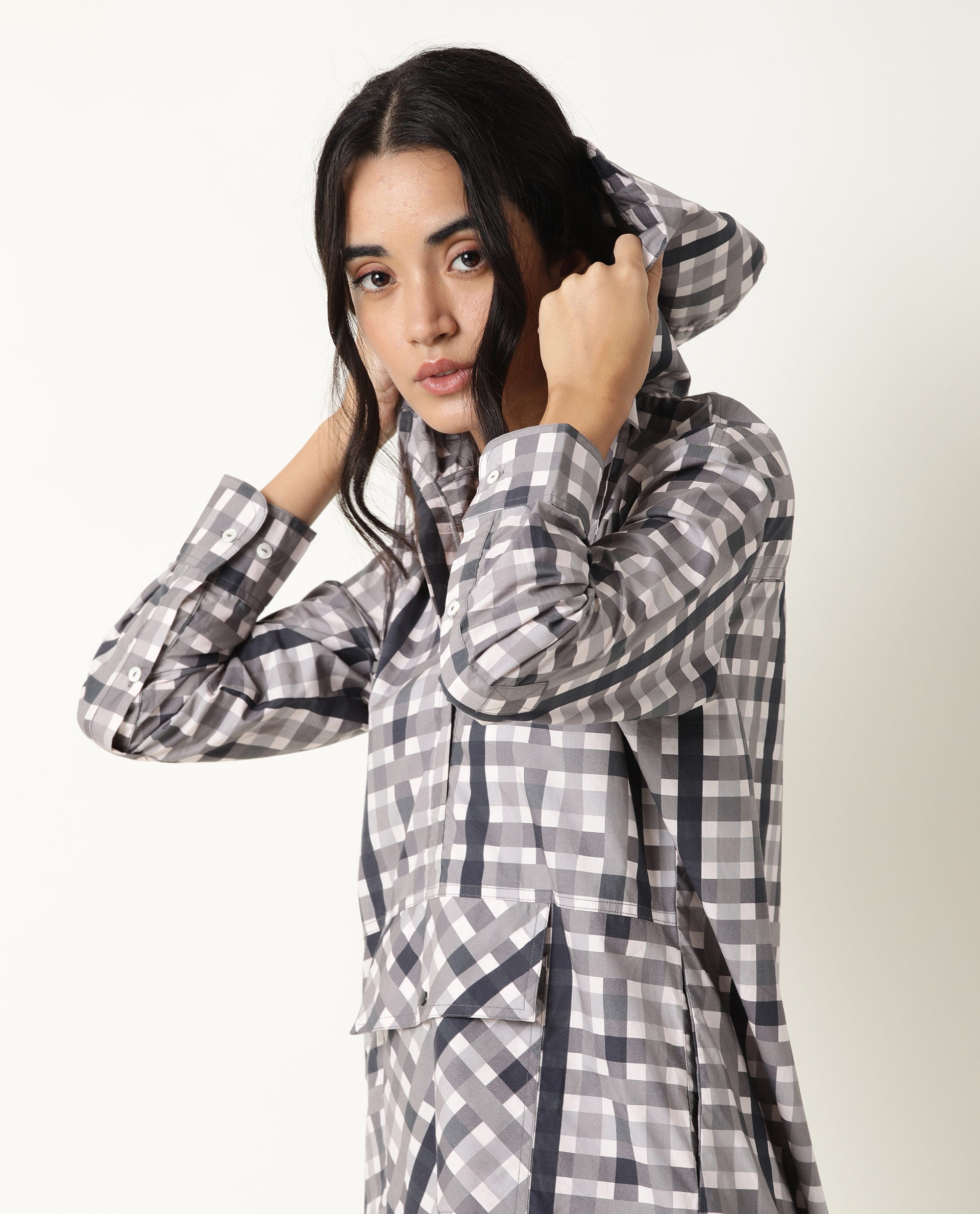 Rareism Women Loreal Grey Checks Shirt Collar With Hoodie Full Sleeves Front Pocket Patch With Side Slit Midi Dress