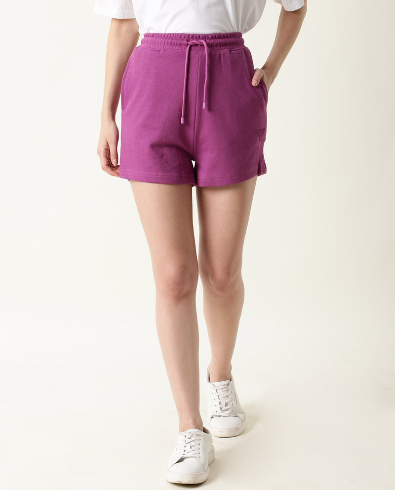 Rareism Women Spence-1 Purple Poly Cotton Fabric Regular Fit Solid Mid Rise Shorts