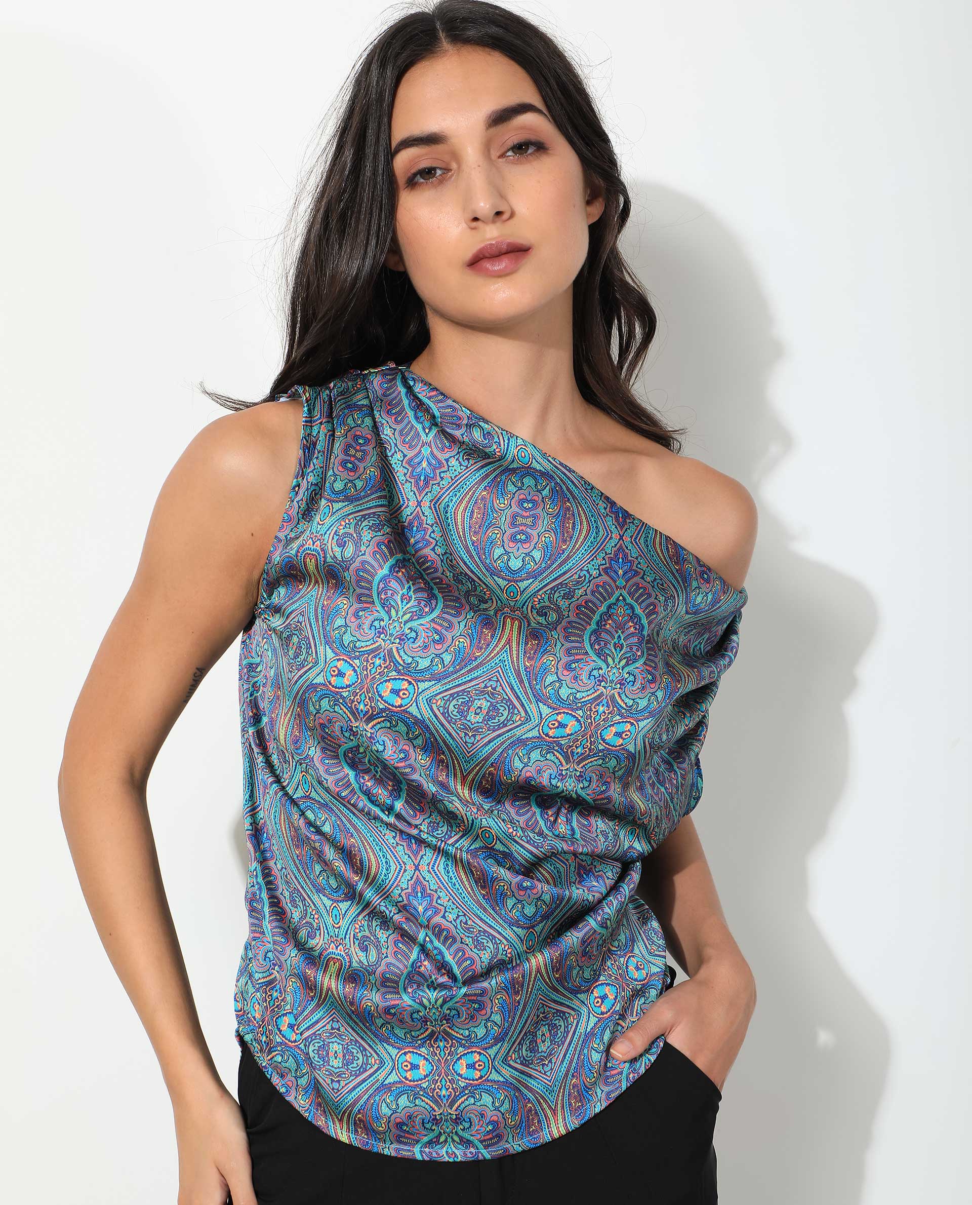 Rareism Women Sydney Blue Polyester Fabric Regular Fit Tube Neck Off Shoulder Abstract Print Top