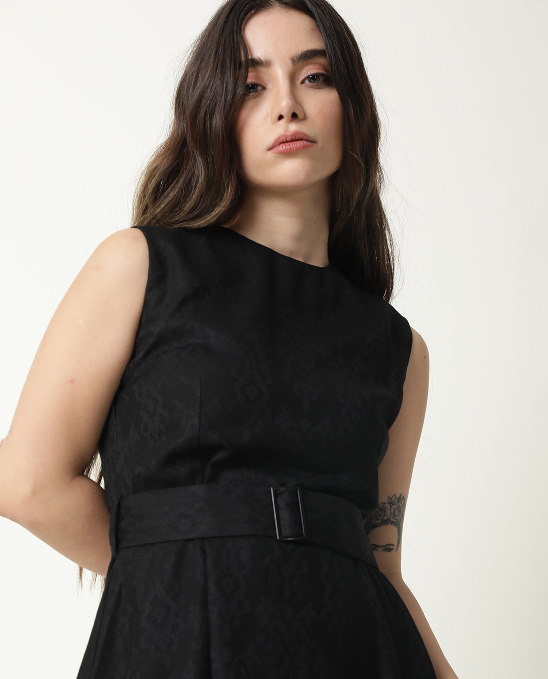 Rareism Women's Lacau Black Polyester Crew Neck Plain Sleeveless Midi Flared Dress