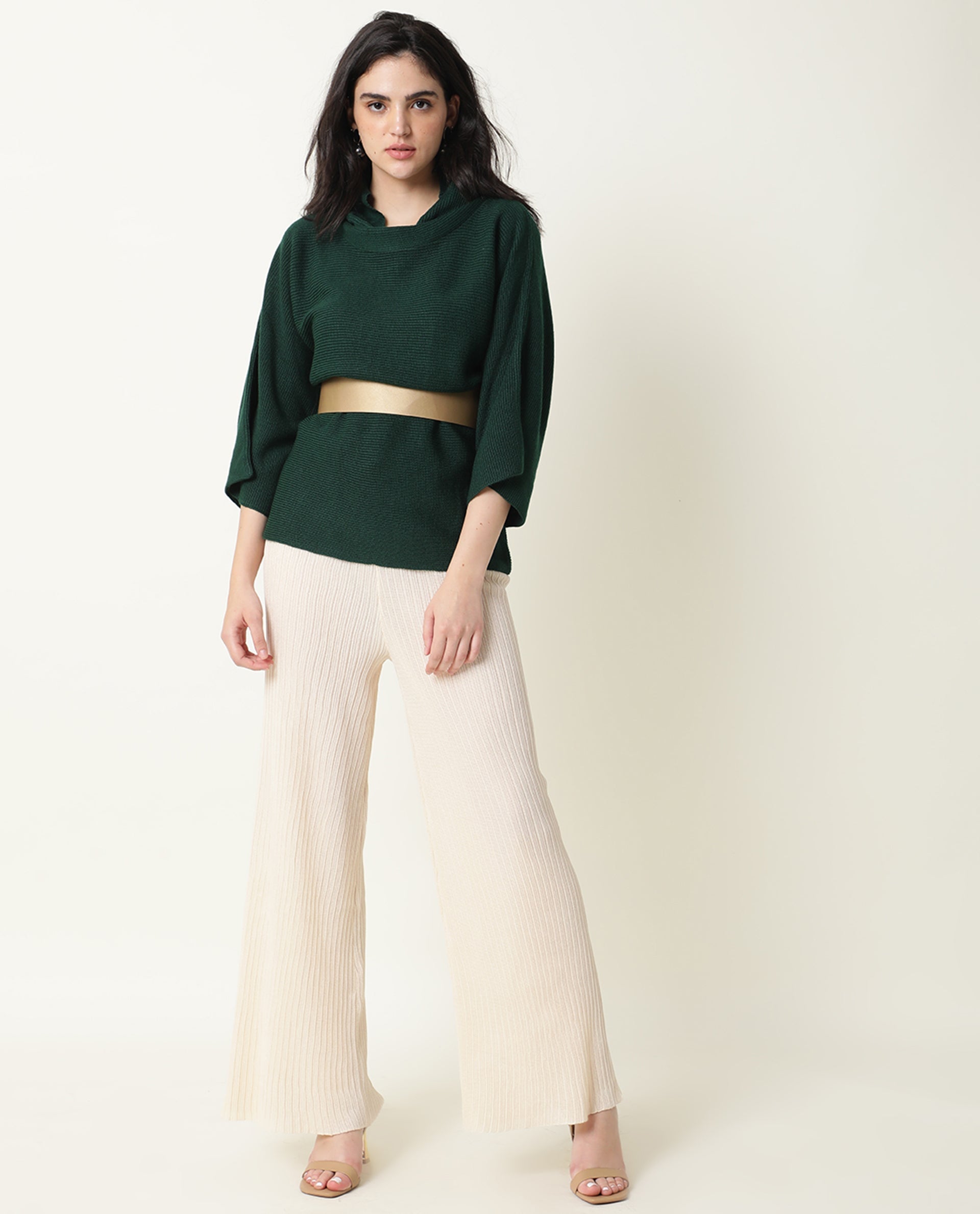 Rareism Women Sasho Green Acrylic Fabric 3/4Th Sleeves Relaxed Fit Solid Cowl Neck Sweater