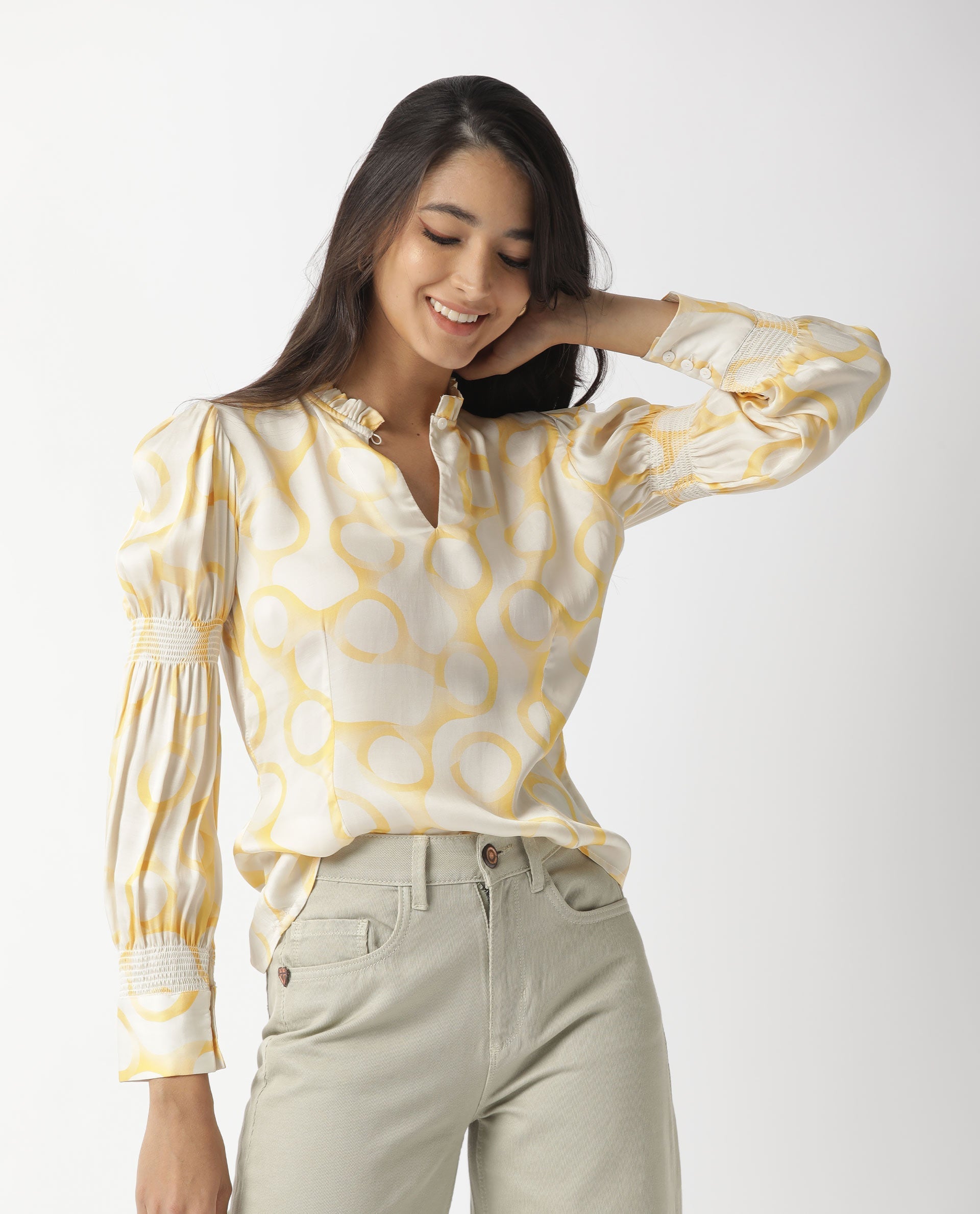 Rareism Women Emm Off White Modal Satin Fabric Slim Fit Ruffled Neck Full Sleeves Print Top