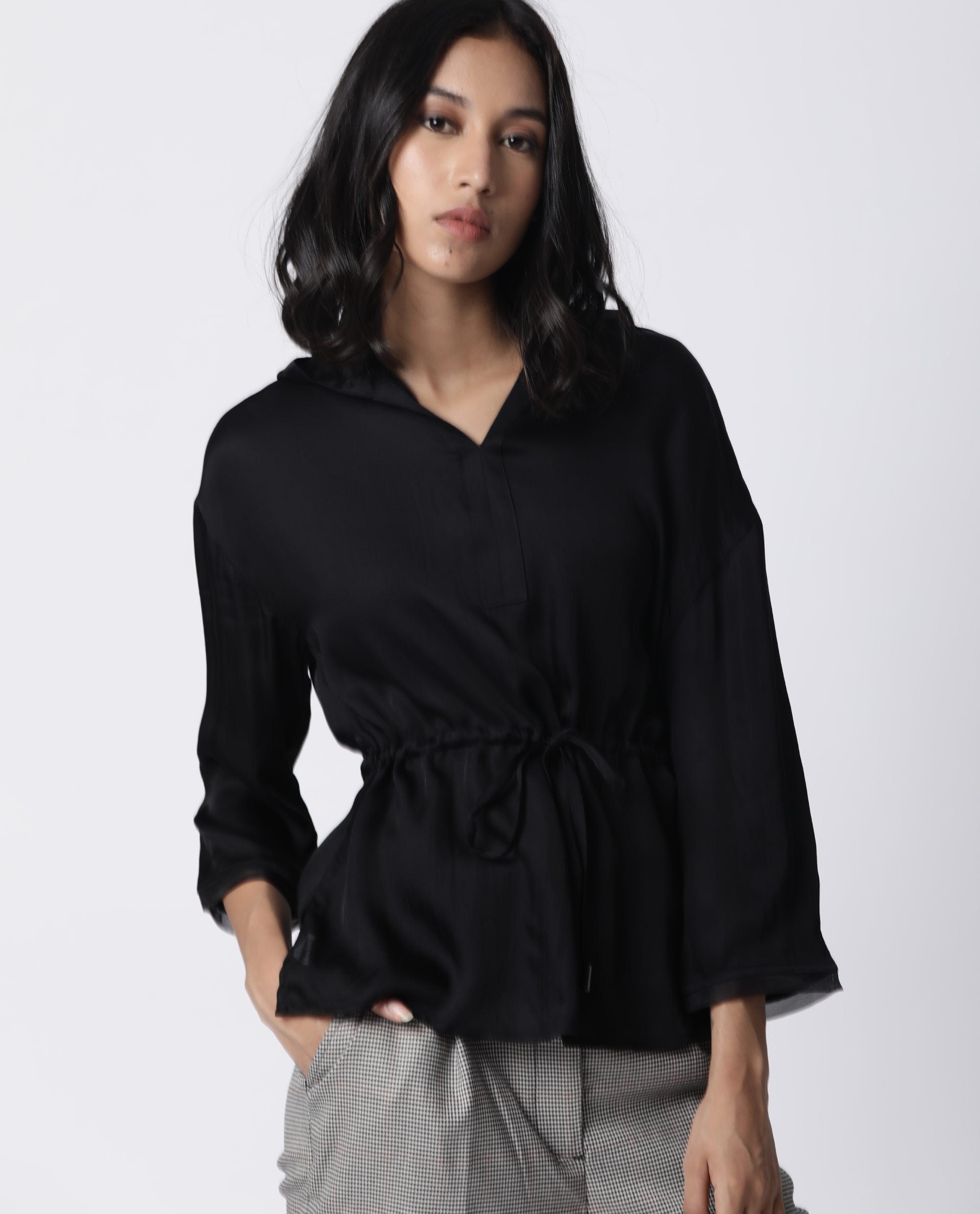 Rareism Women Yoda Black Top Full Sleeves Hoodie Solid