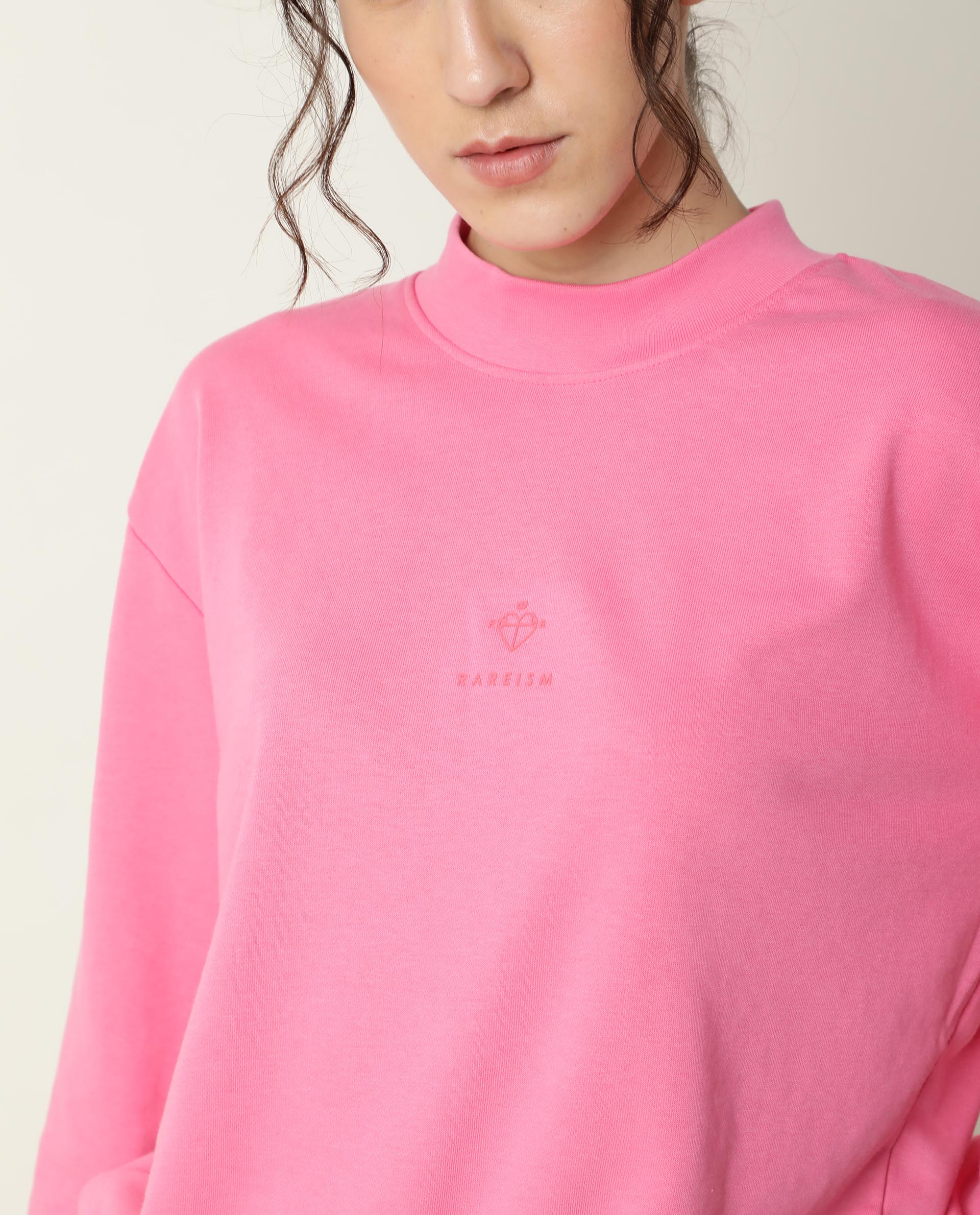 Rareism Women's Necker Pink High Neck Plain Relaxed Fit Sweatshirt