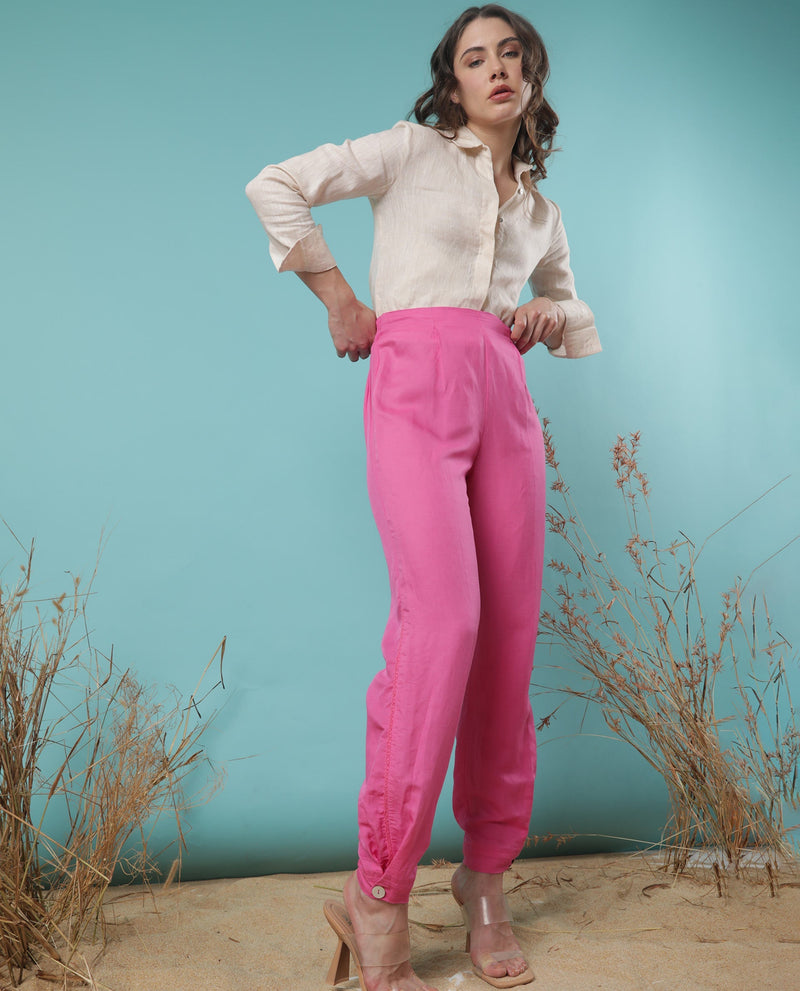 Rareism Women Erin Flouroscent Pink Modal Linen Fabric Tailored Fit Mid Rise Solid Ankle Length Trousers