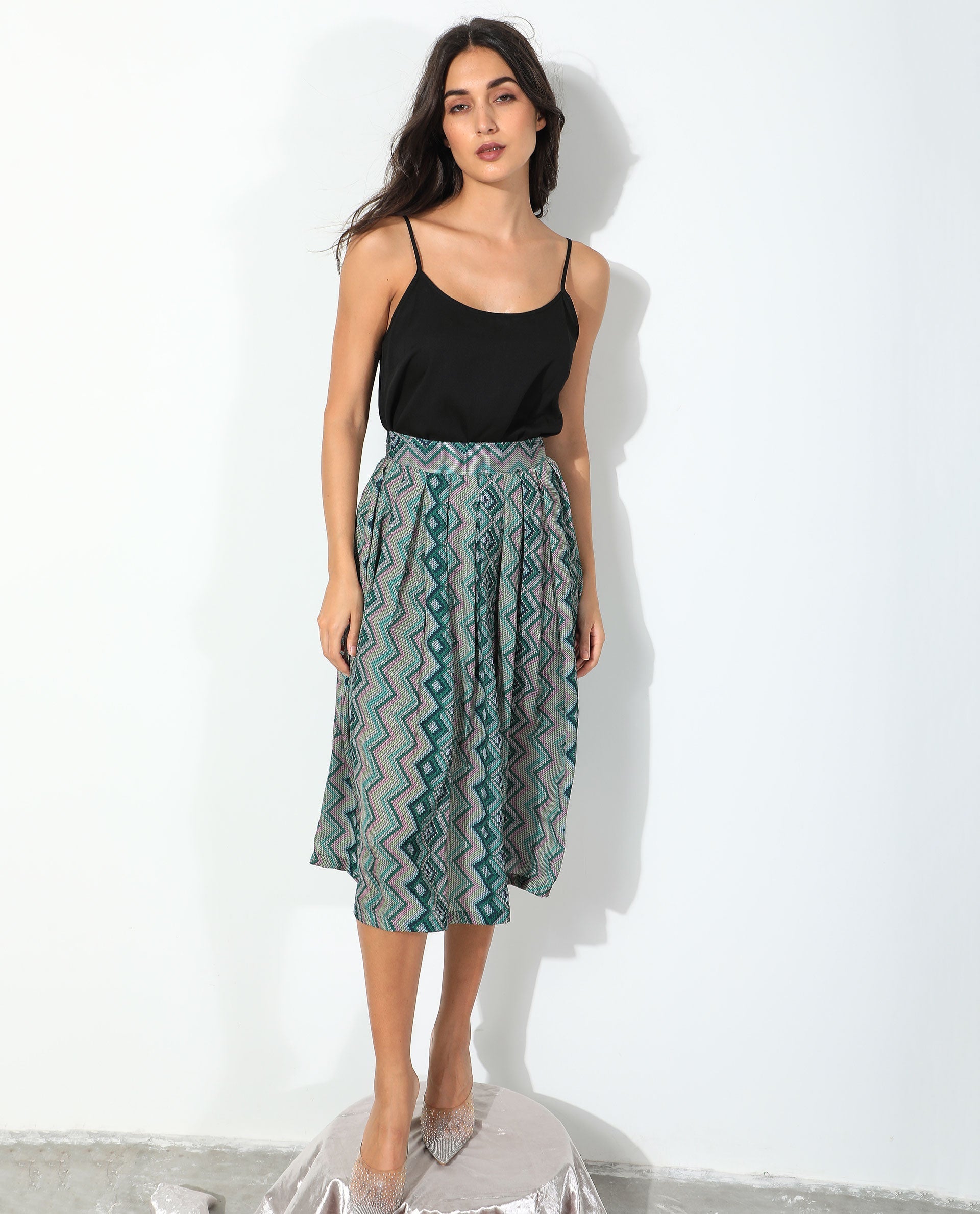 Rareism Women's Arabella Green Polyester Geometric Print Knee Length Regular Fit Skirt