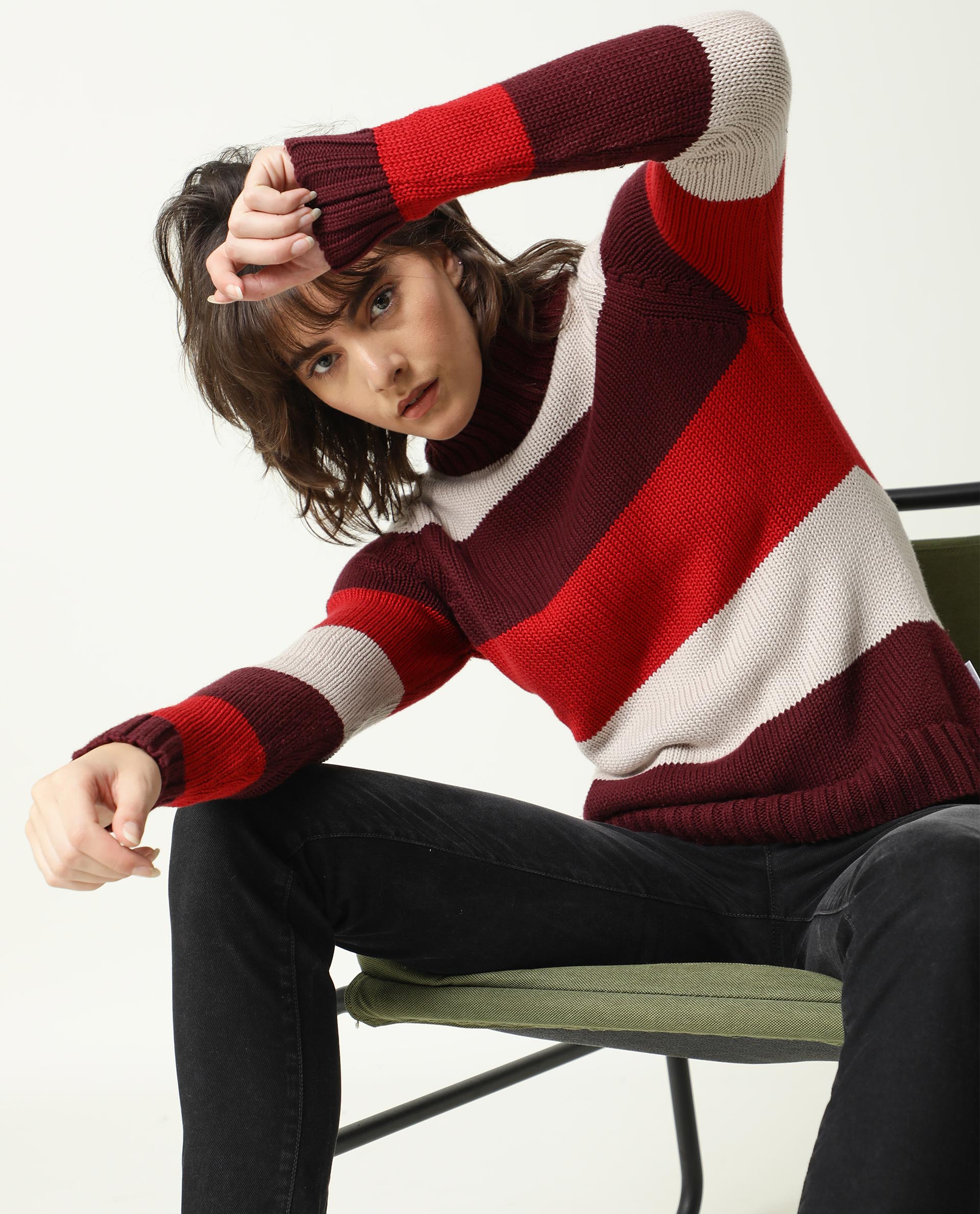 Rareism Women Tony Maroon  Full Sleeves Regular Fit Color Blocked Turtle Neck Sweater