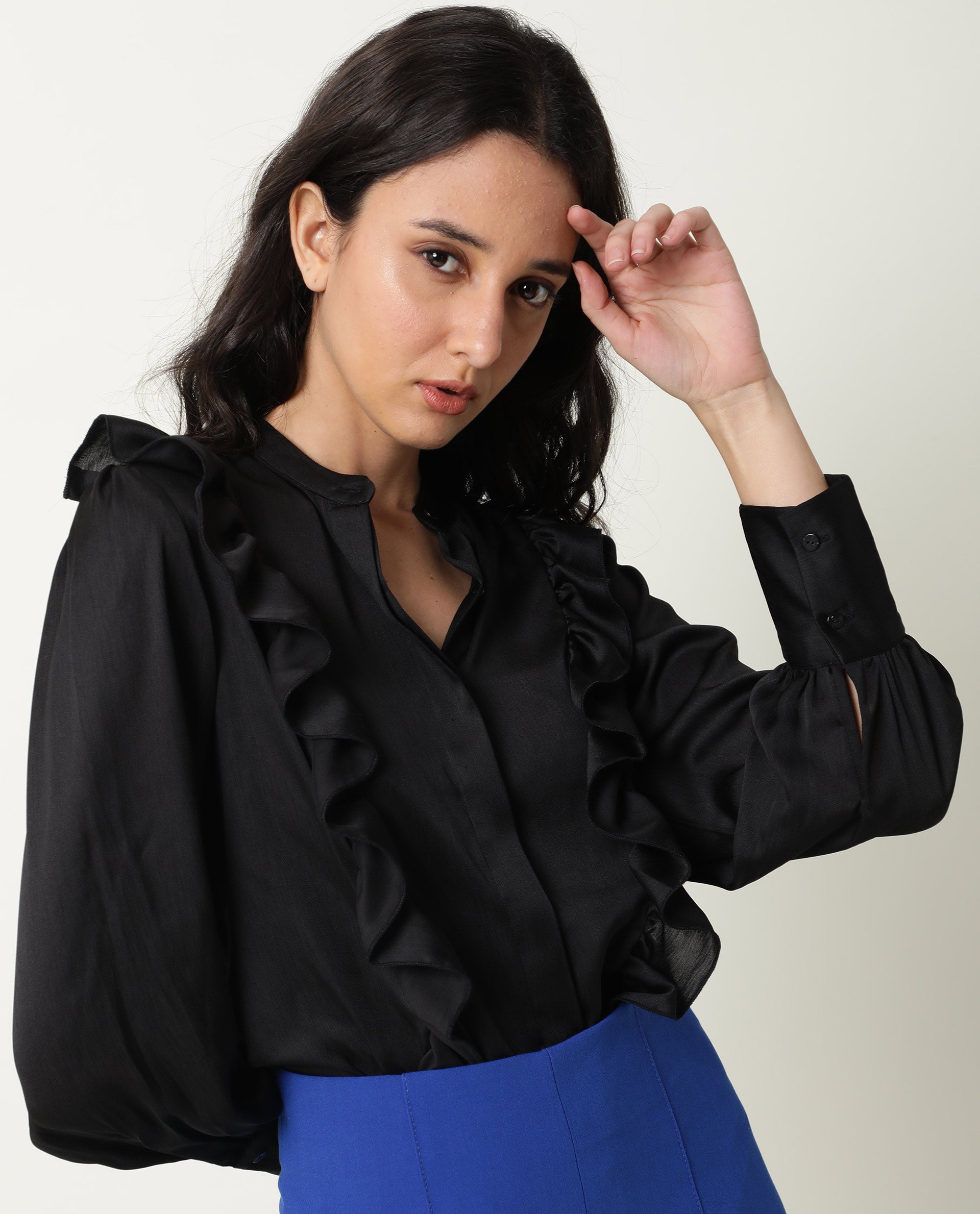 Rareism Womens Chamomile Black Top Polyester Fabric  Fit Regular Sleeves Mandarin Neck