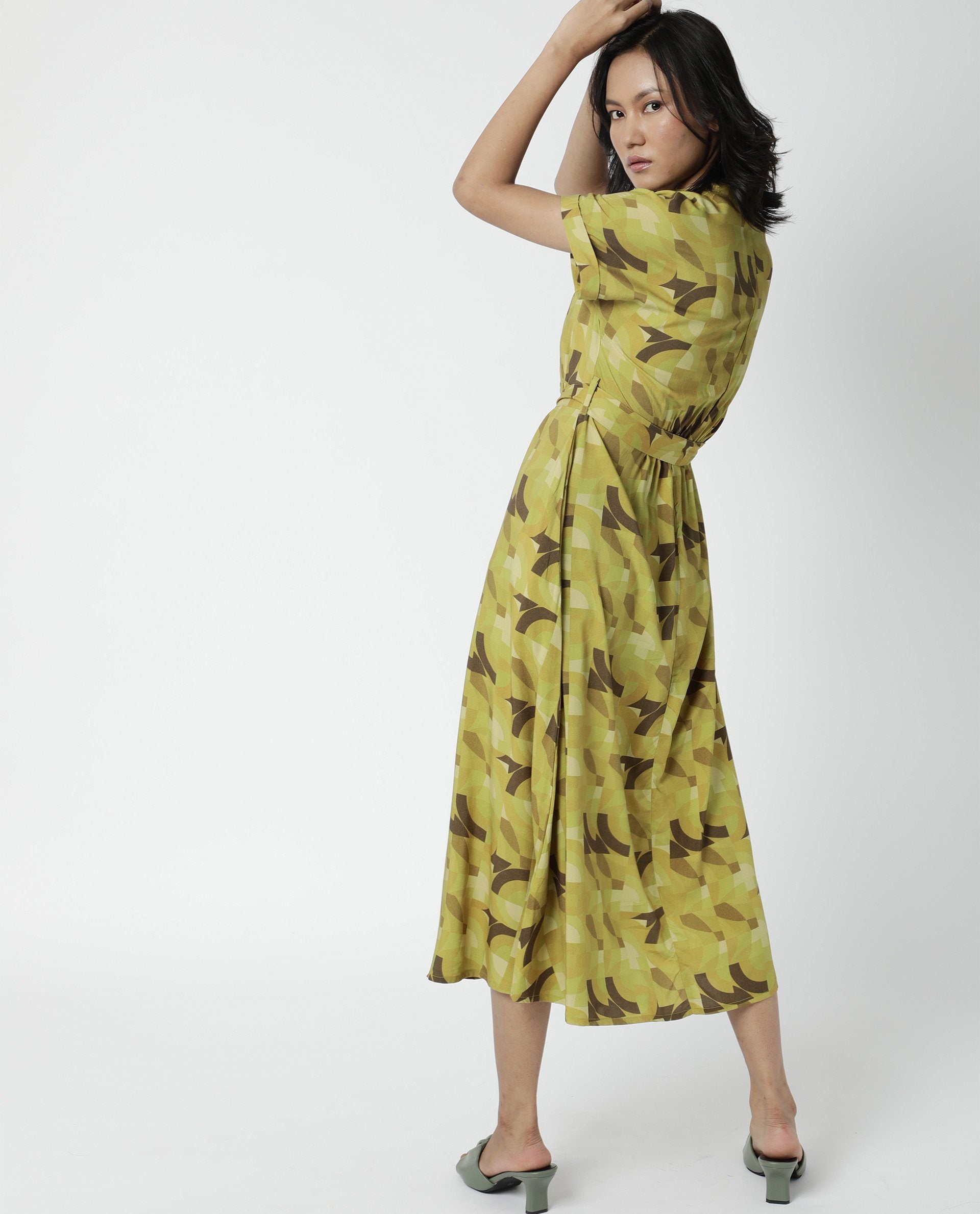 Rareism Womens Jordan Green Dress Cotton Silk Fabric Relaxed Fit Drop Shoulder Half Sleeve A Line Dress Long Length