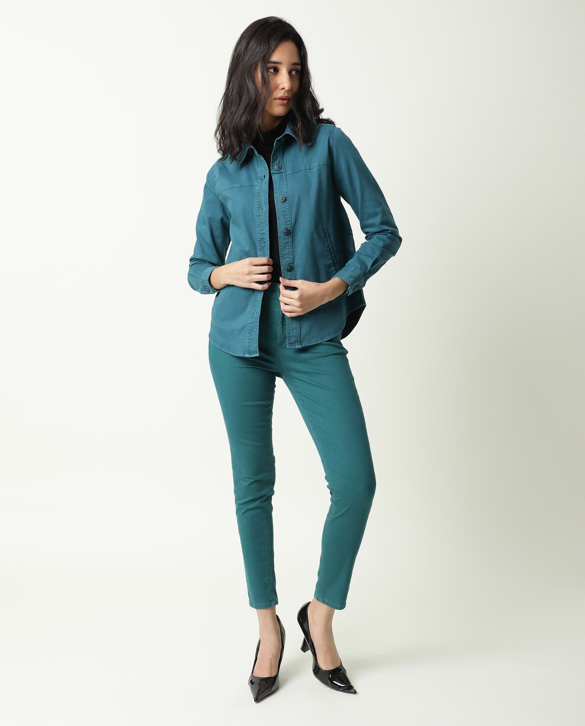 Rareism Women Mission Petrol Cotton Lycra Fabric Full Sleeves Solid Shirt Collar Jacket