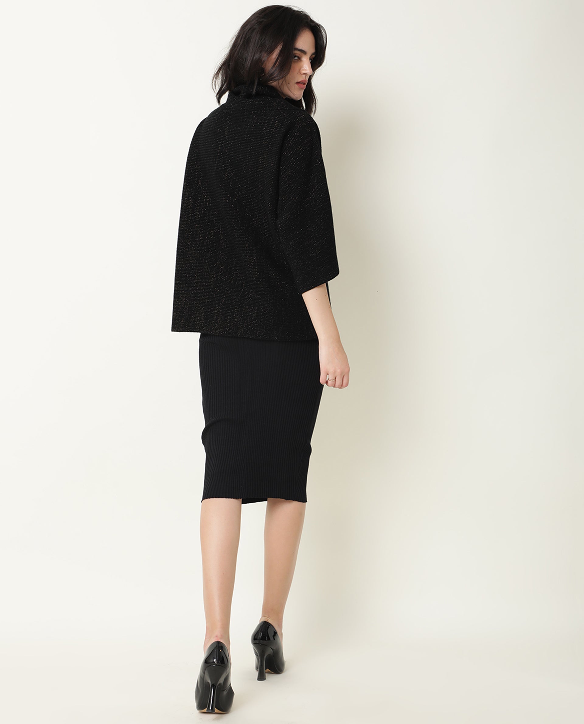 Rareism Women Innov Black Polyester Fabric 3/4Th Sleeves Knee Length Relaxed Fit Solid Cowl Neck Sweater