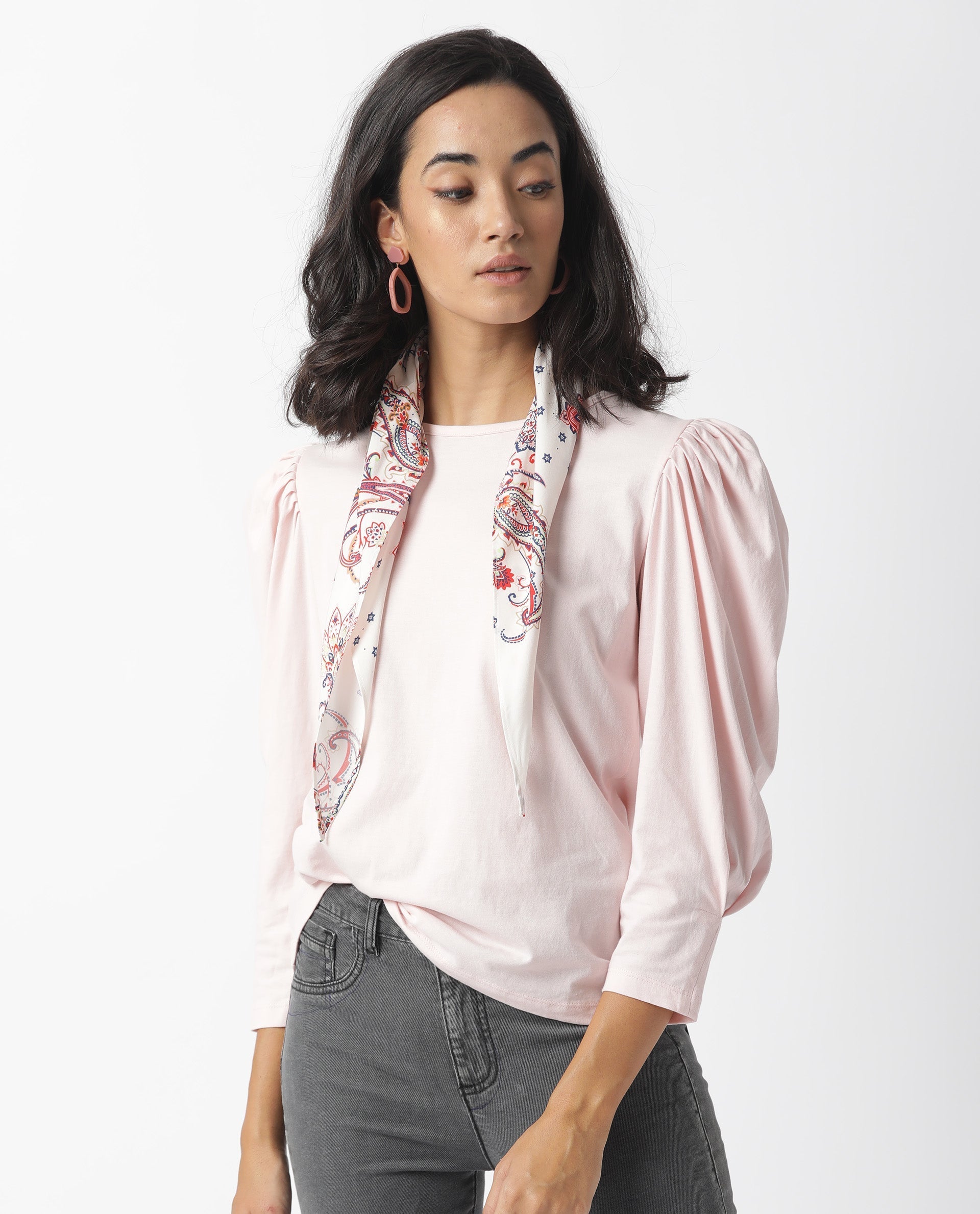 Rareism Womens Ballerina Pink Top Cotton Fabric Regular Fit Puff Sleeves Round Neck