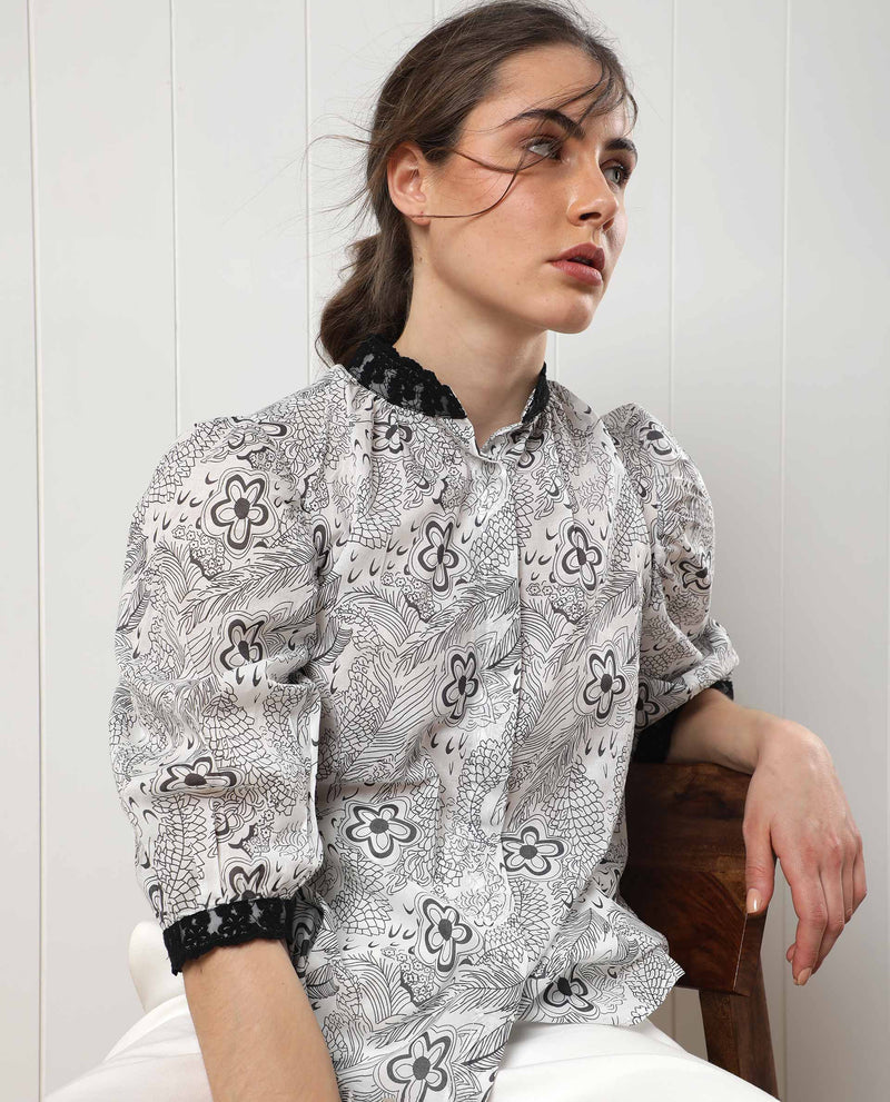 Rareism Women Museo White Cotton Fabric 3/4Th Sleeves Button Closure Mandarin Collar Puff Sleeve Regular Fit Floral Print Top