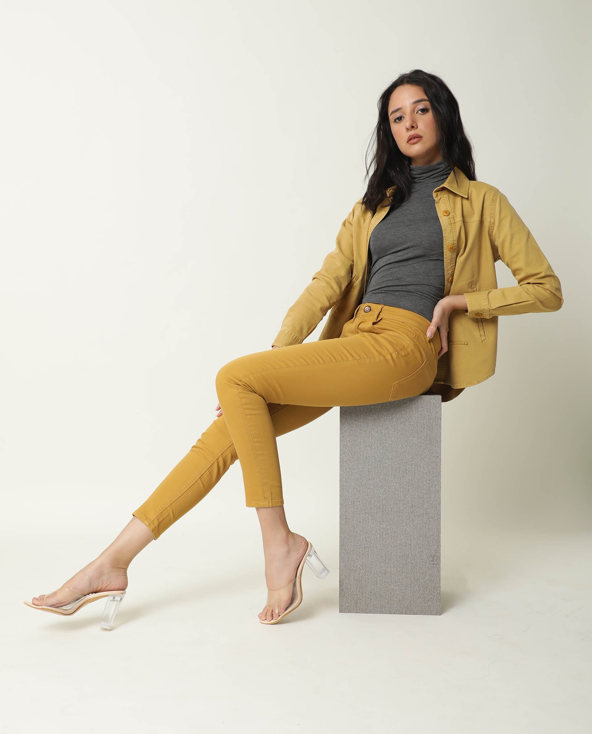 Rareism Women Metty Mustard Cotton Lycra Fabric Mid Rise Solid Slim Fit Ankle Length Jeans