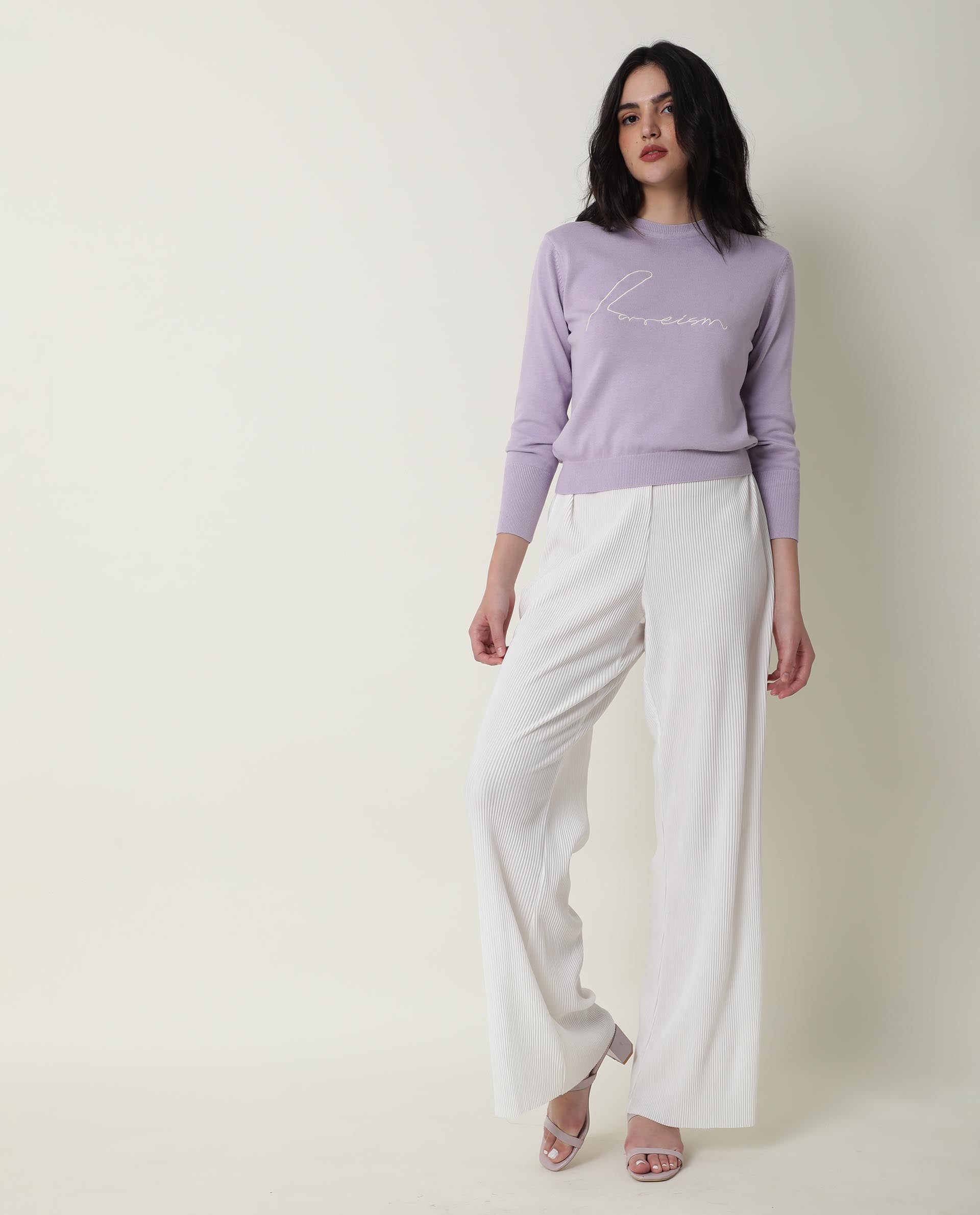 Rareism Women Plusho Light Purple Cotton Fabric Full Sleeves Regular Fit Embroidered Round Neck Sweater