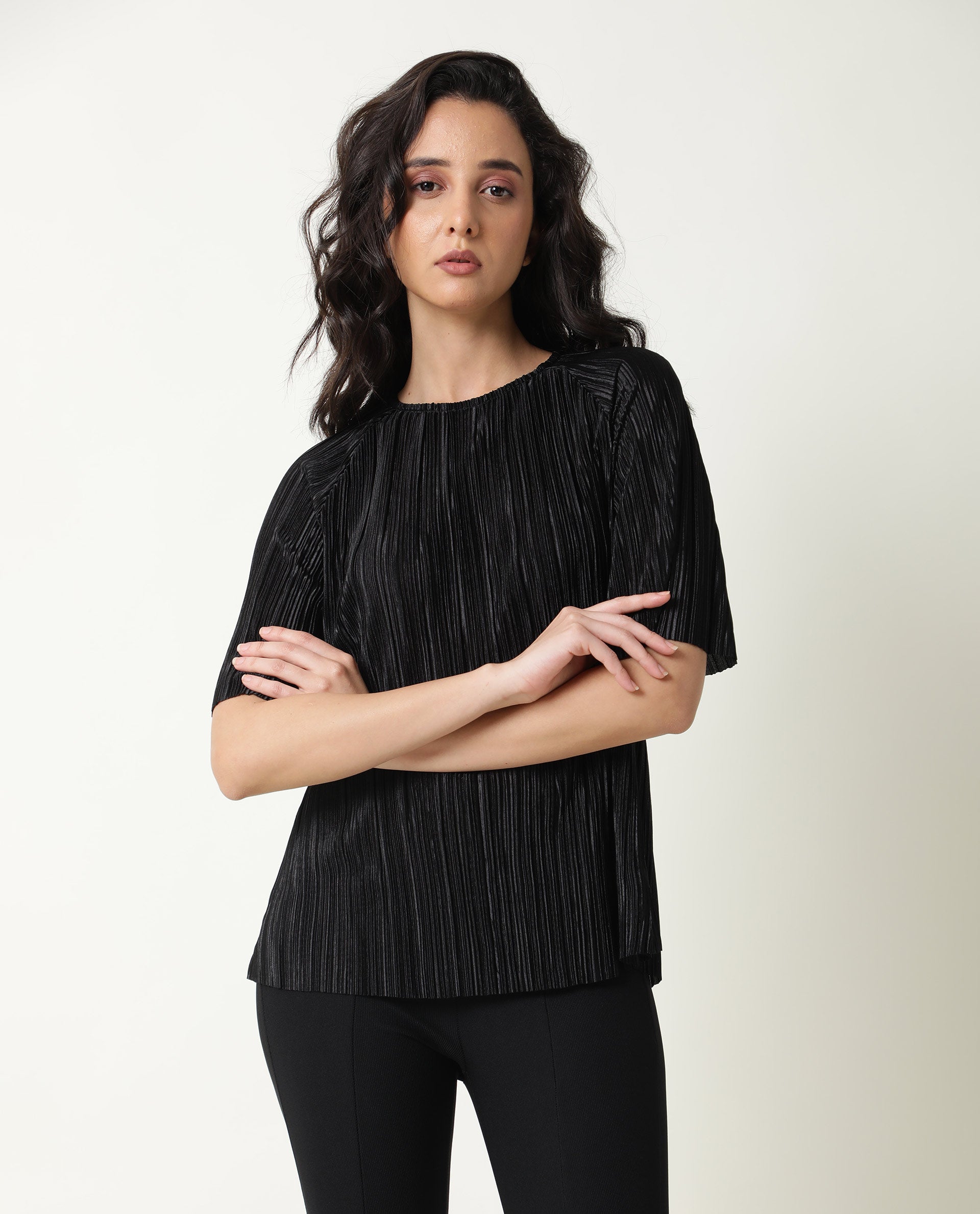 Rareism Women Shory Black Top Polyester Fabric Full Sleeves Solid