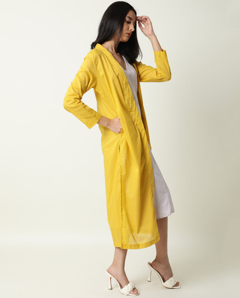 Rareism Women Java Yellow Cotton Fabric 3/4Th Sleeves Solid Collarless Knee Length Shrug