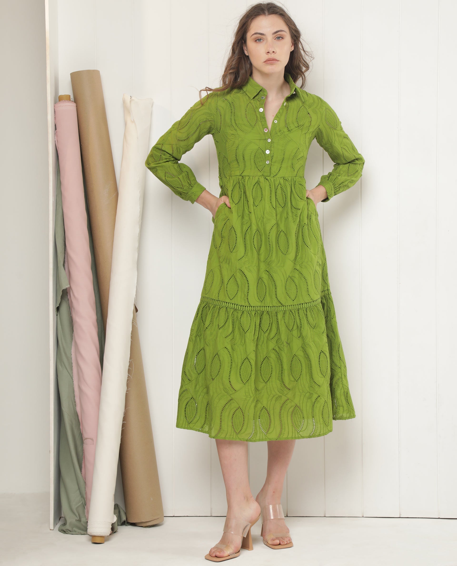 Rareism Women's Darcy Green Cotton Spread Collar Schiffli Knee Length Slim Fit Dress