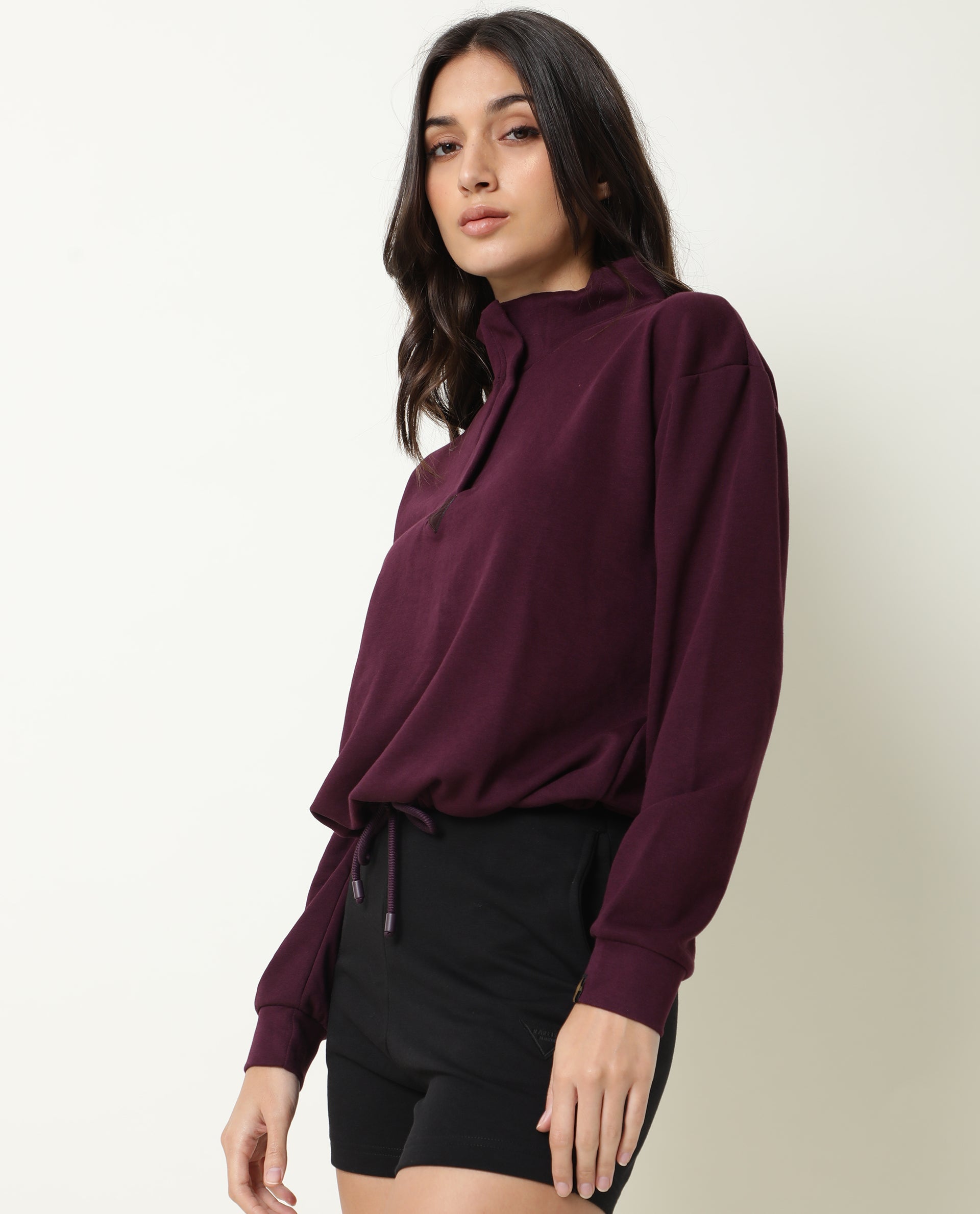 Rareism Women Taffy-1 Dark Purple  Relaxed Fit Full Sleeves Solid High Neck Sweatshirt