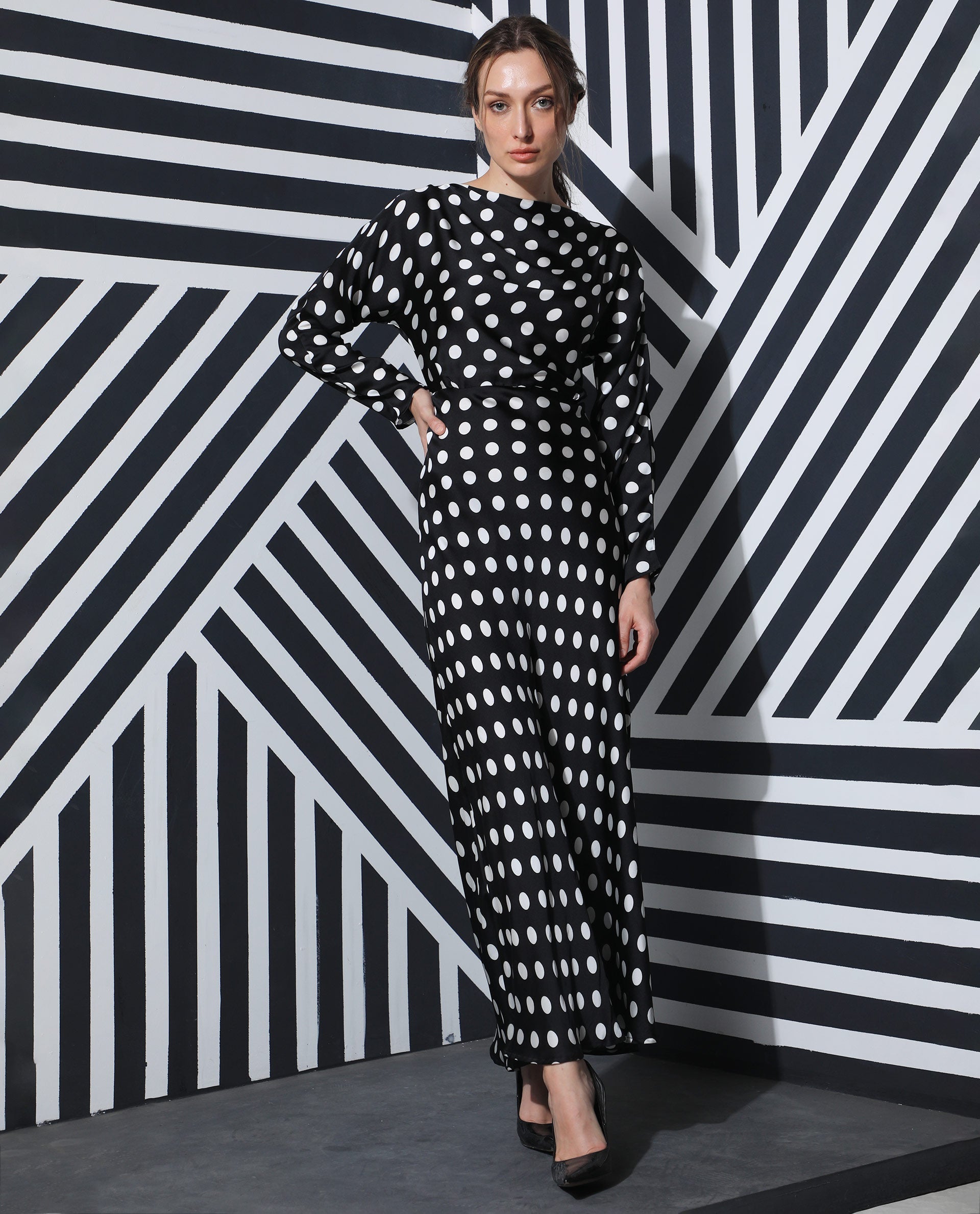 Rareism Women Alsus Black Polka Print Boat Neck Full Sleeves Maxi Dress