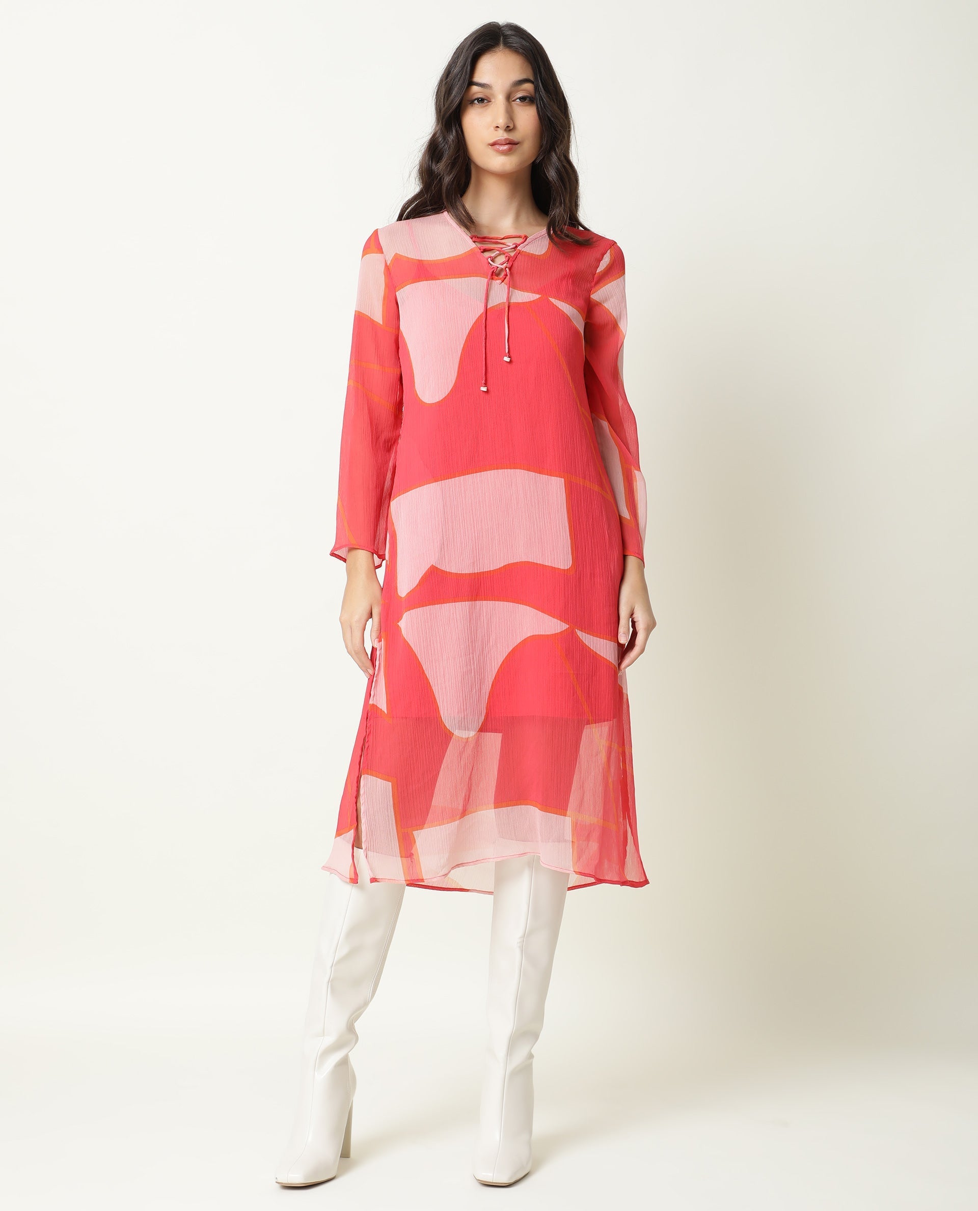 Rareism Women's Benett Pink V-Neck Abstract Print Knee Length Regular Fit Dress