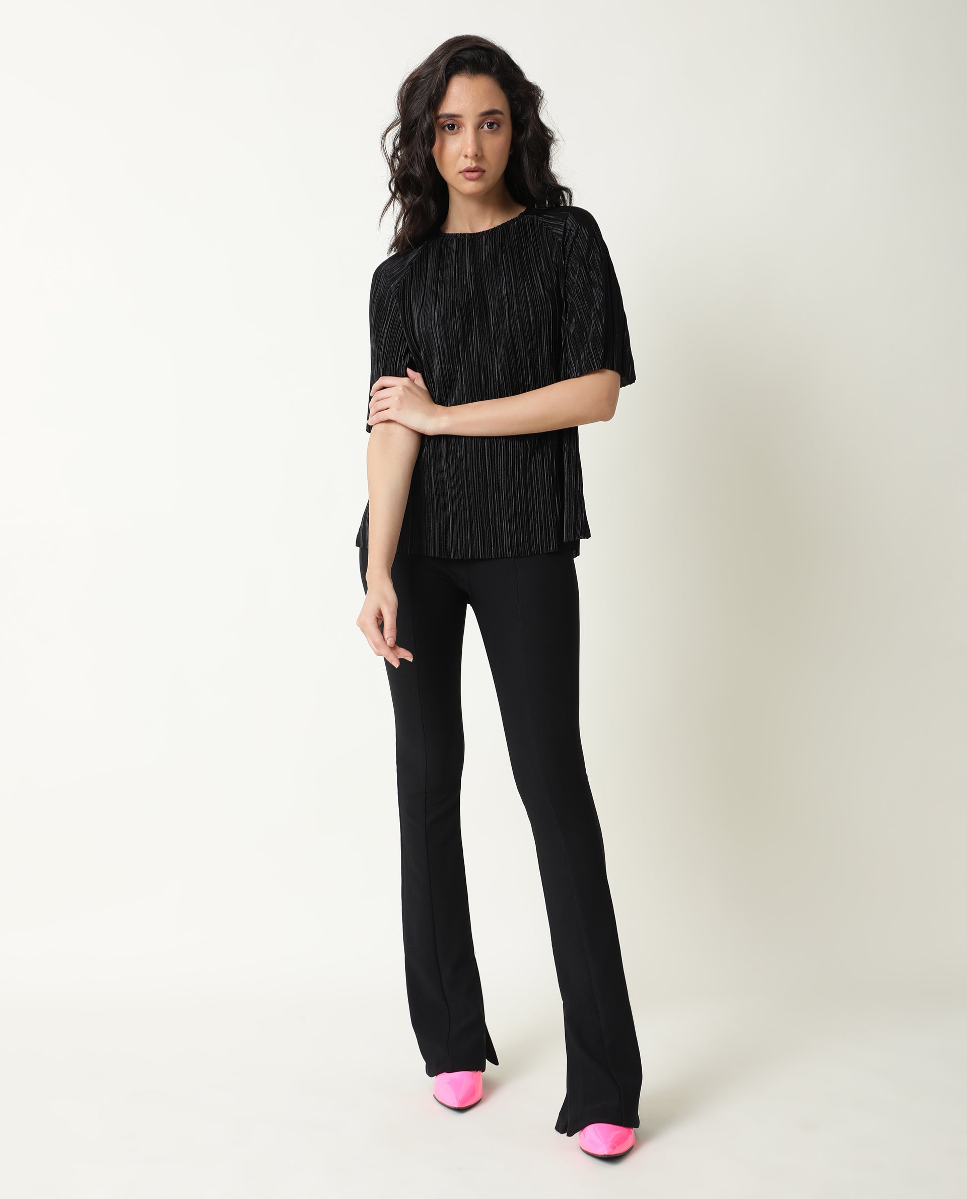 Rareism Women Shory Black Top Polyester Fabric Full Sleeves Solid