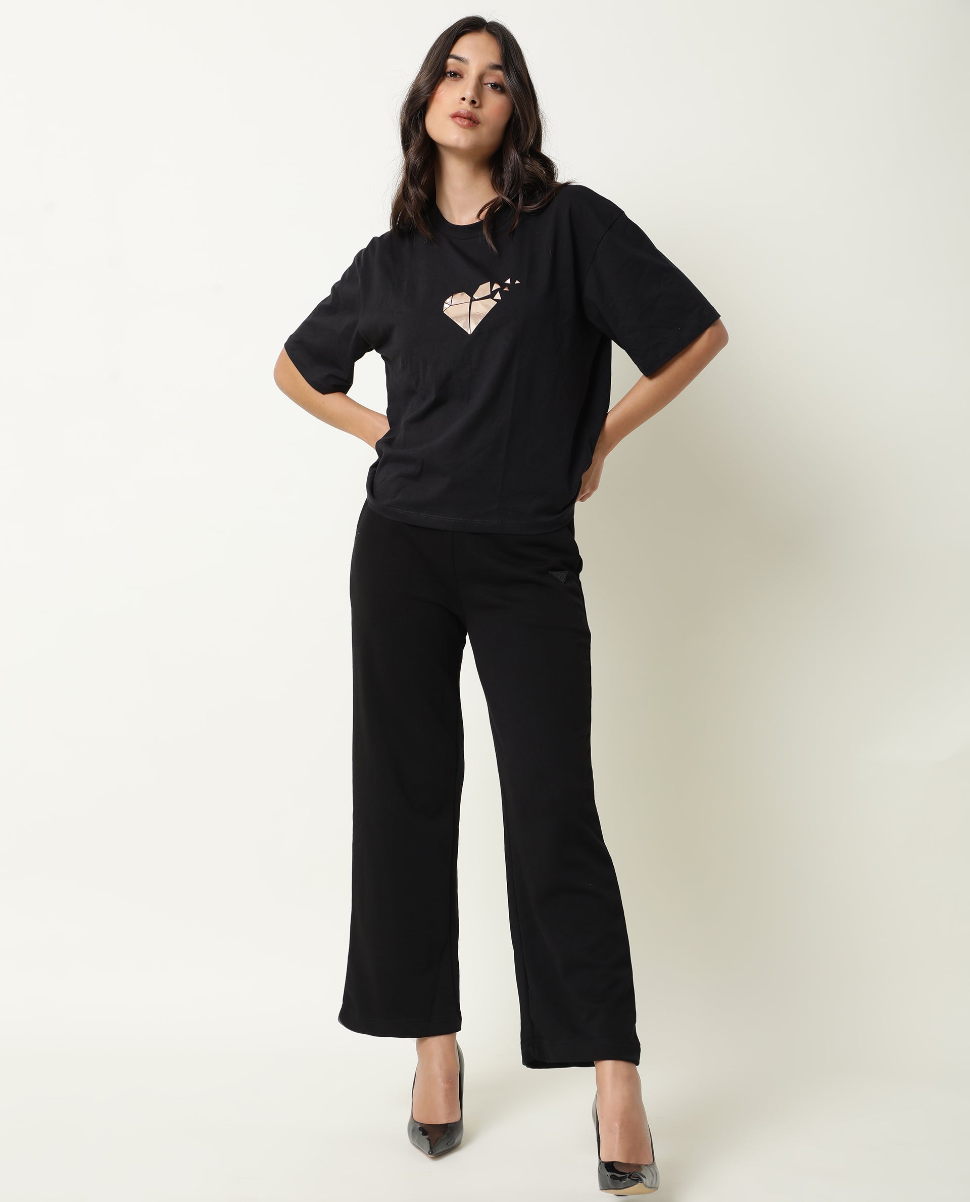 Rareism Womens Nat Black T-Shirt Cotton Fabric Regular Fit Half Sleeve Round Neck